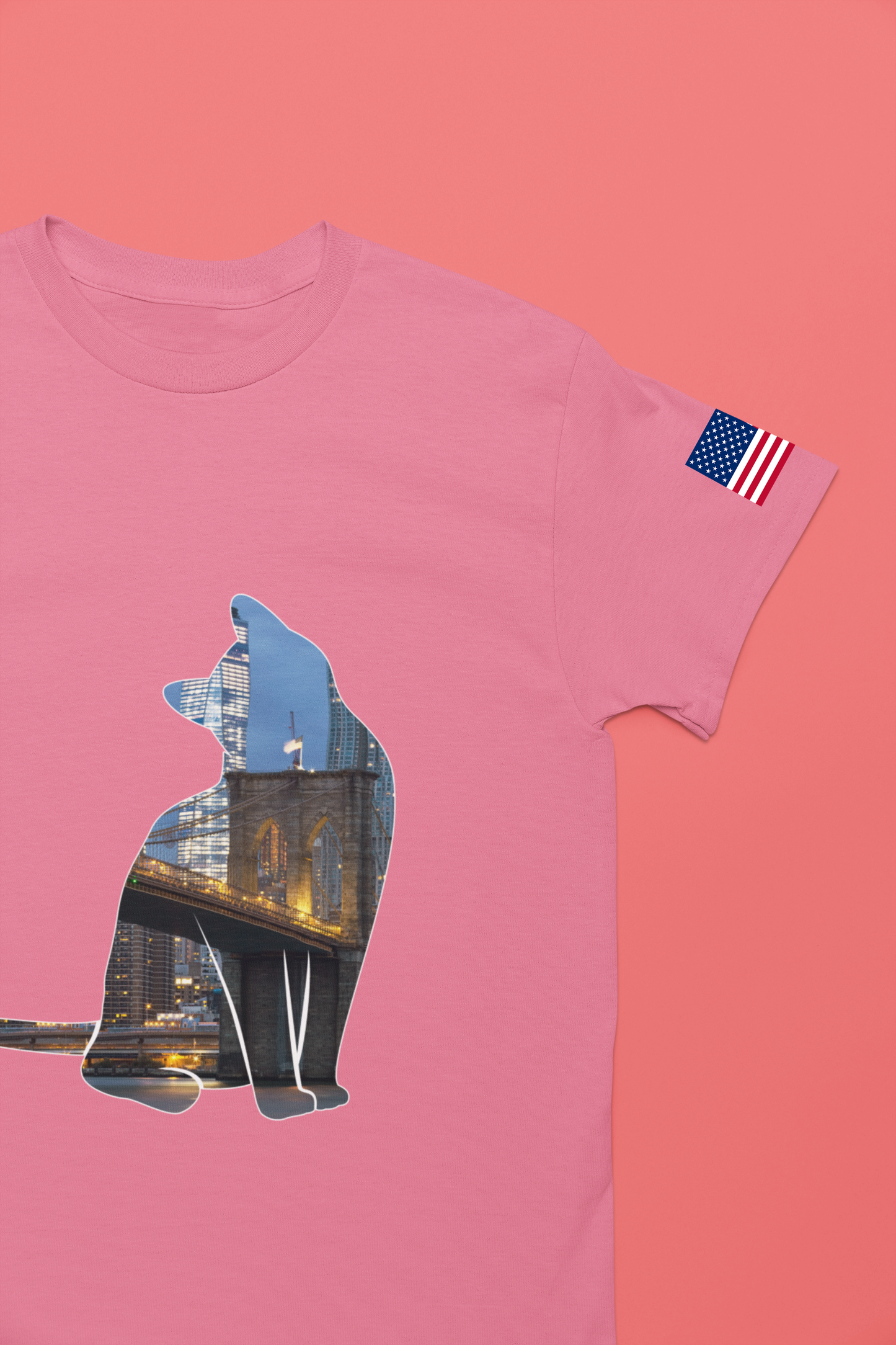 NYC Cat Silhouette T-Shirt - New York City Skyline in Cat Shape Brooklyn Bridge Design