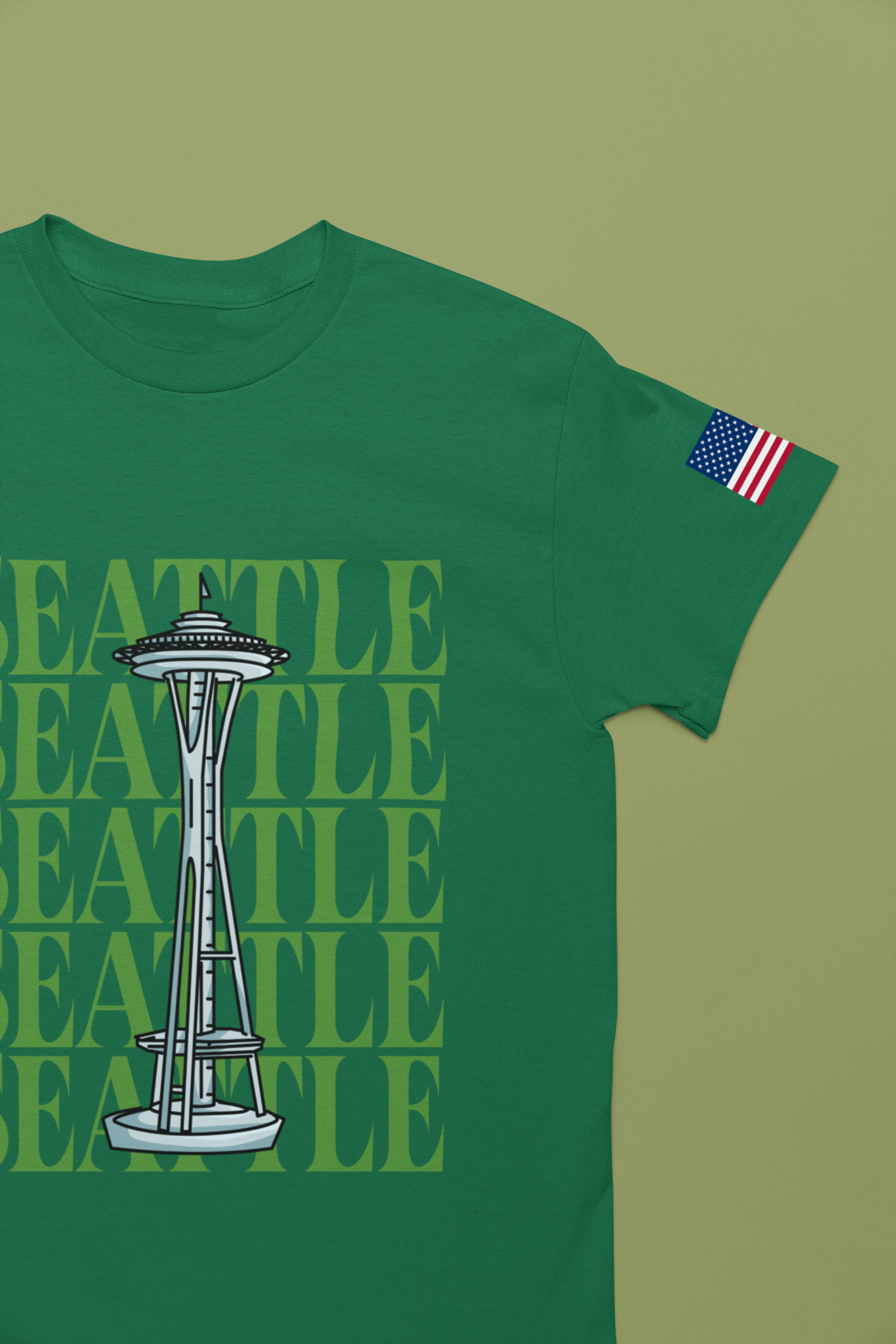 Seattle Repeated Text Space Needle Graphic T-Shirt | Seattle Washington Souvenir Tee | Space Needle Pride Shirt