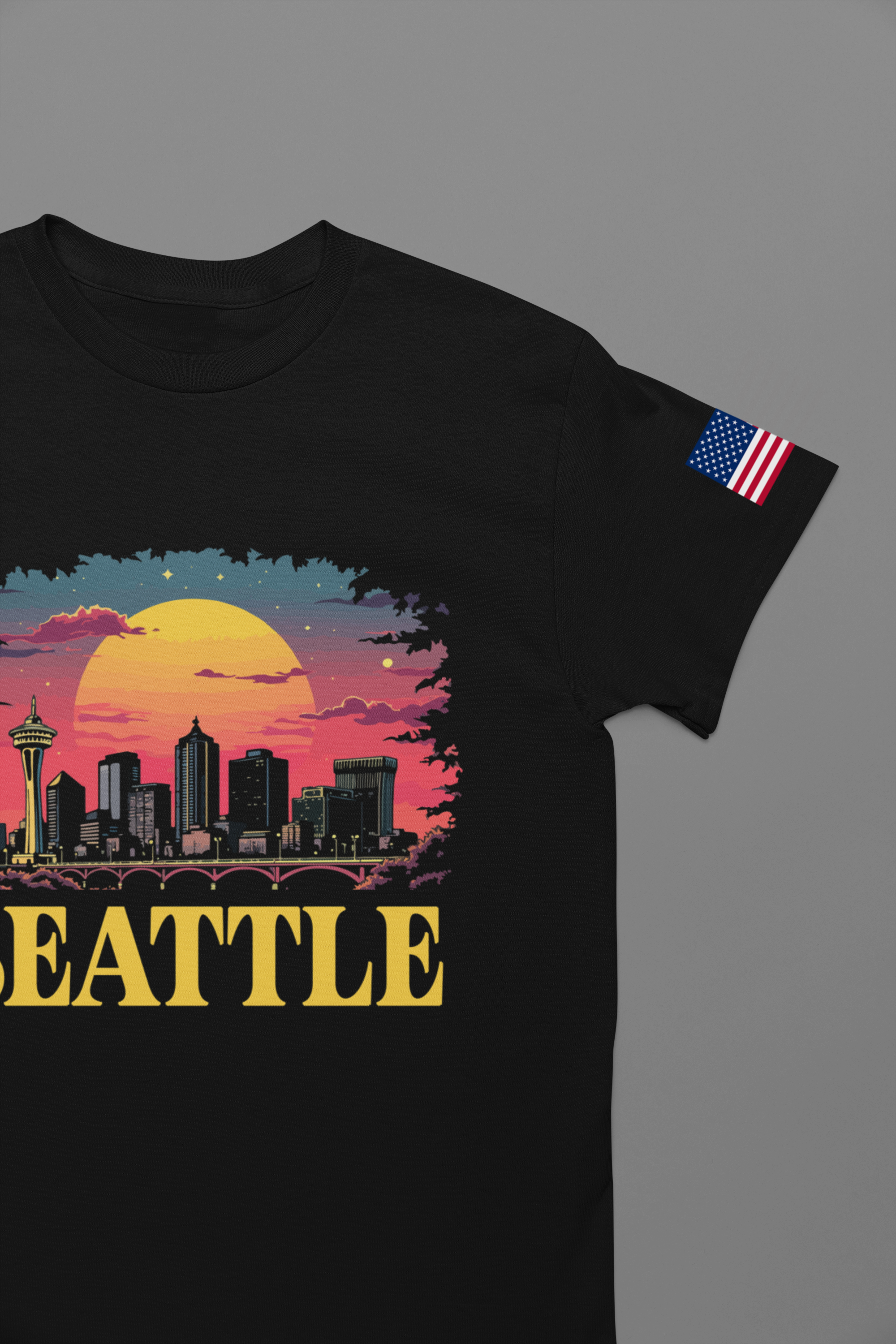 Seattle Retro Sunset Skyline Graphic T-Shirt | Emerald City Space Needle Night Sky Tee | Seattle Souvenir Shirt