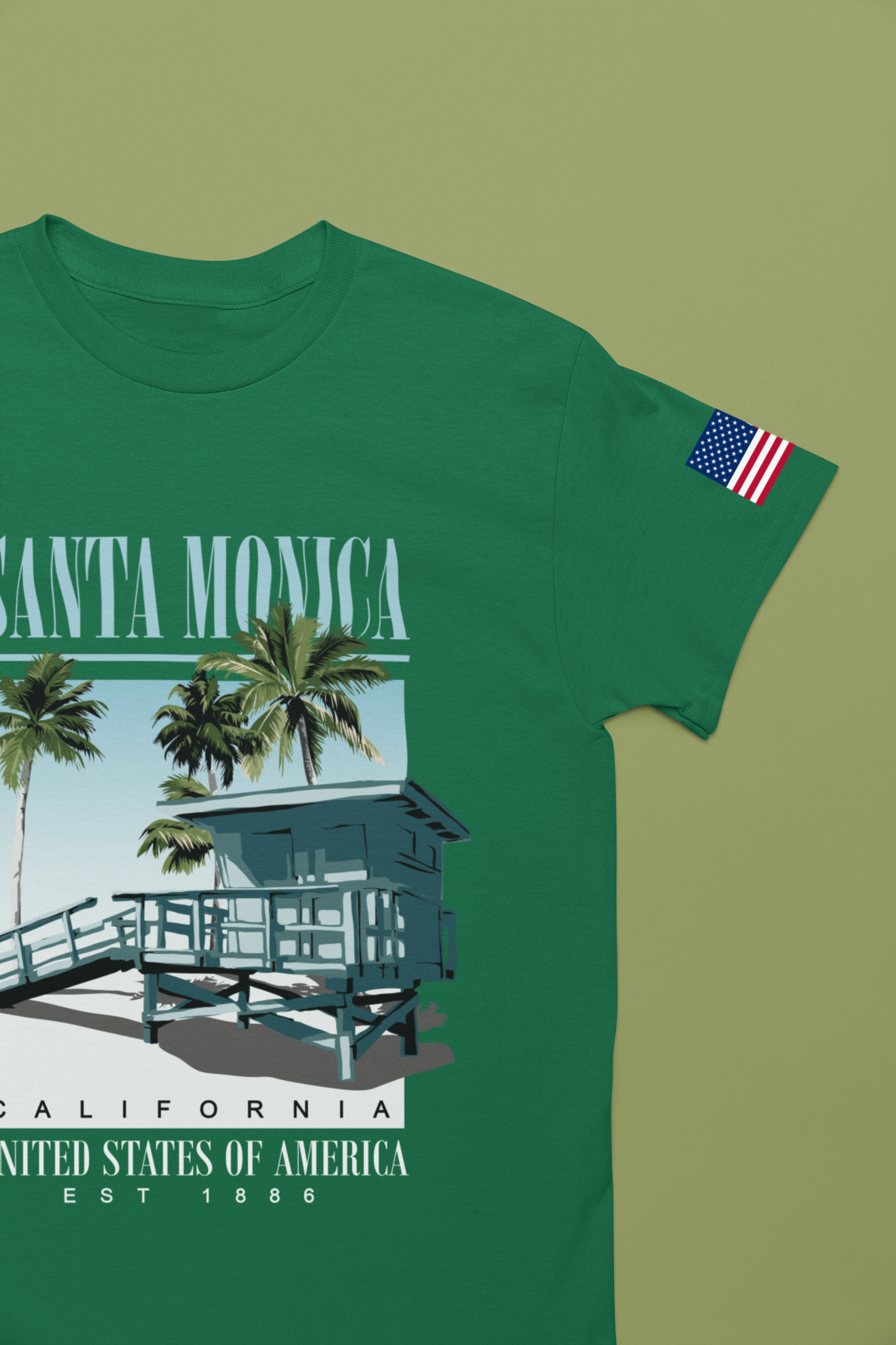 Santa Monica California EST 1886 T-Shirt – Lifeguard Tower Palm Tree Beach Tee
