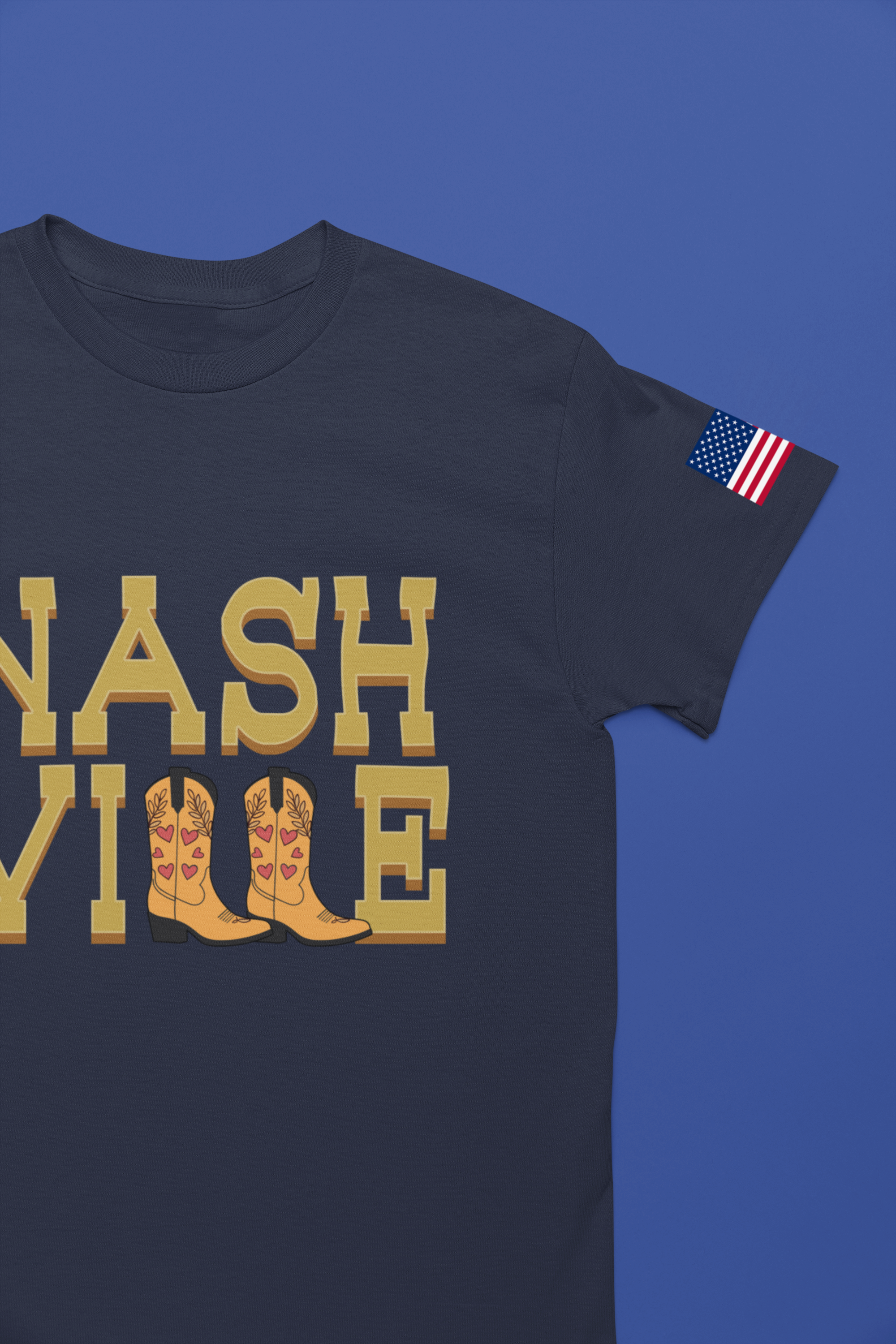 Nashville T-Shirt – Bold Gold Block Letter Cowboy Boots Graphic Tee