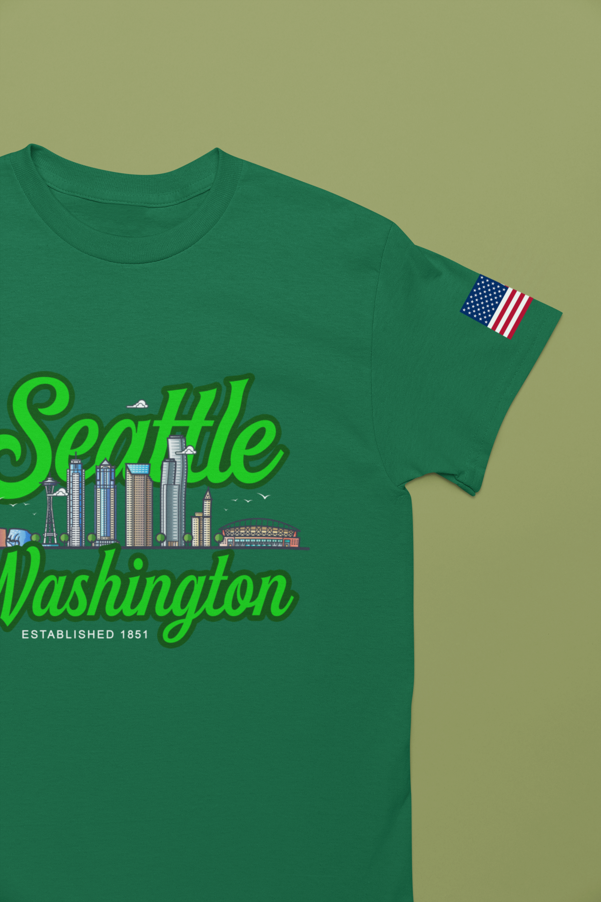 Seattle Washington Retro Script Skyline T-Shirt | Established 1851 Graphic Tee | Pacific Northwest Pride Shirt