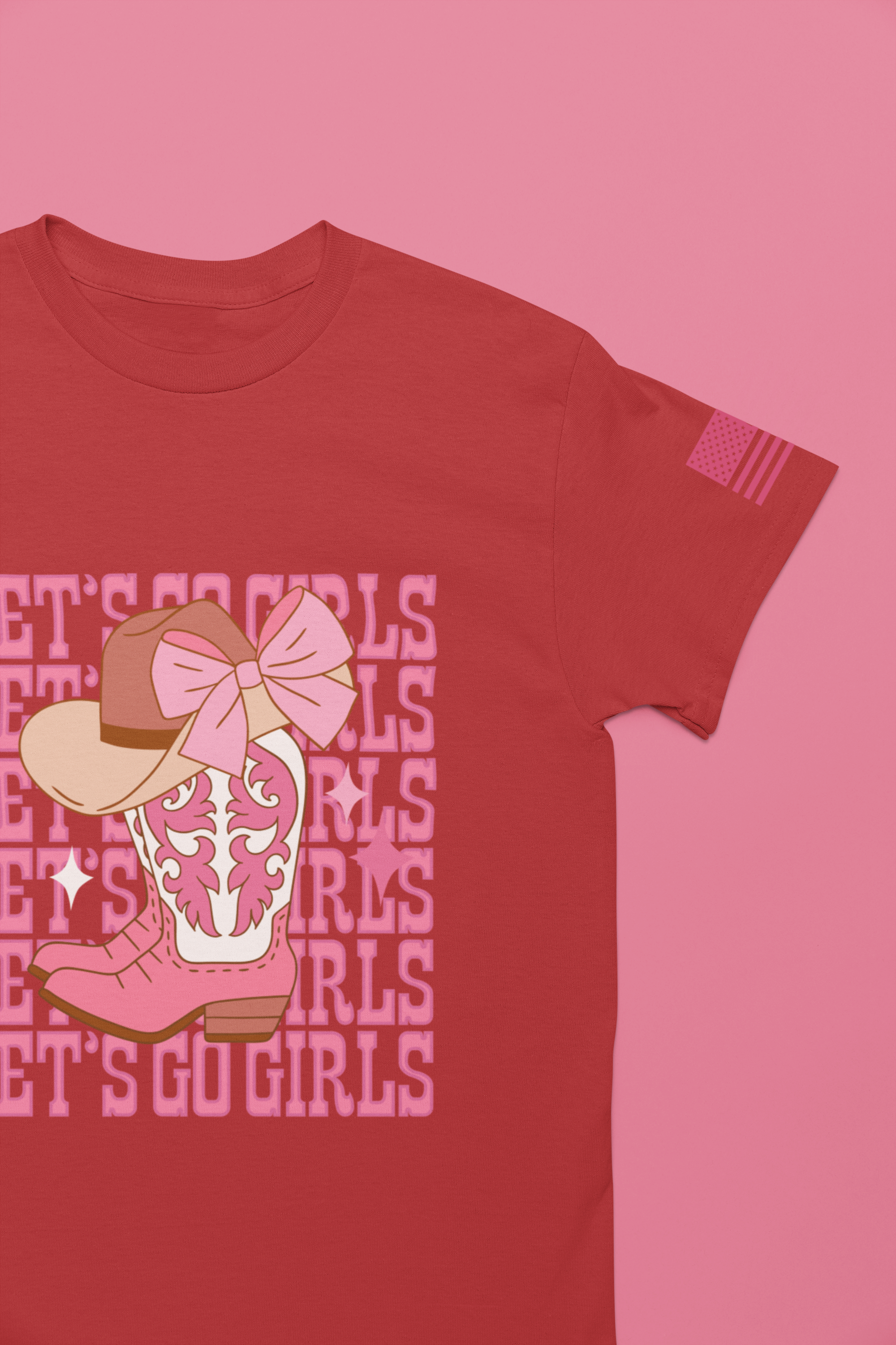 Let's Go Girls T-Shirt – Stacked Repeat Cowboy Boot Bow Hat Graphic Tee