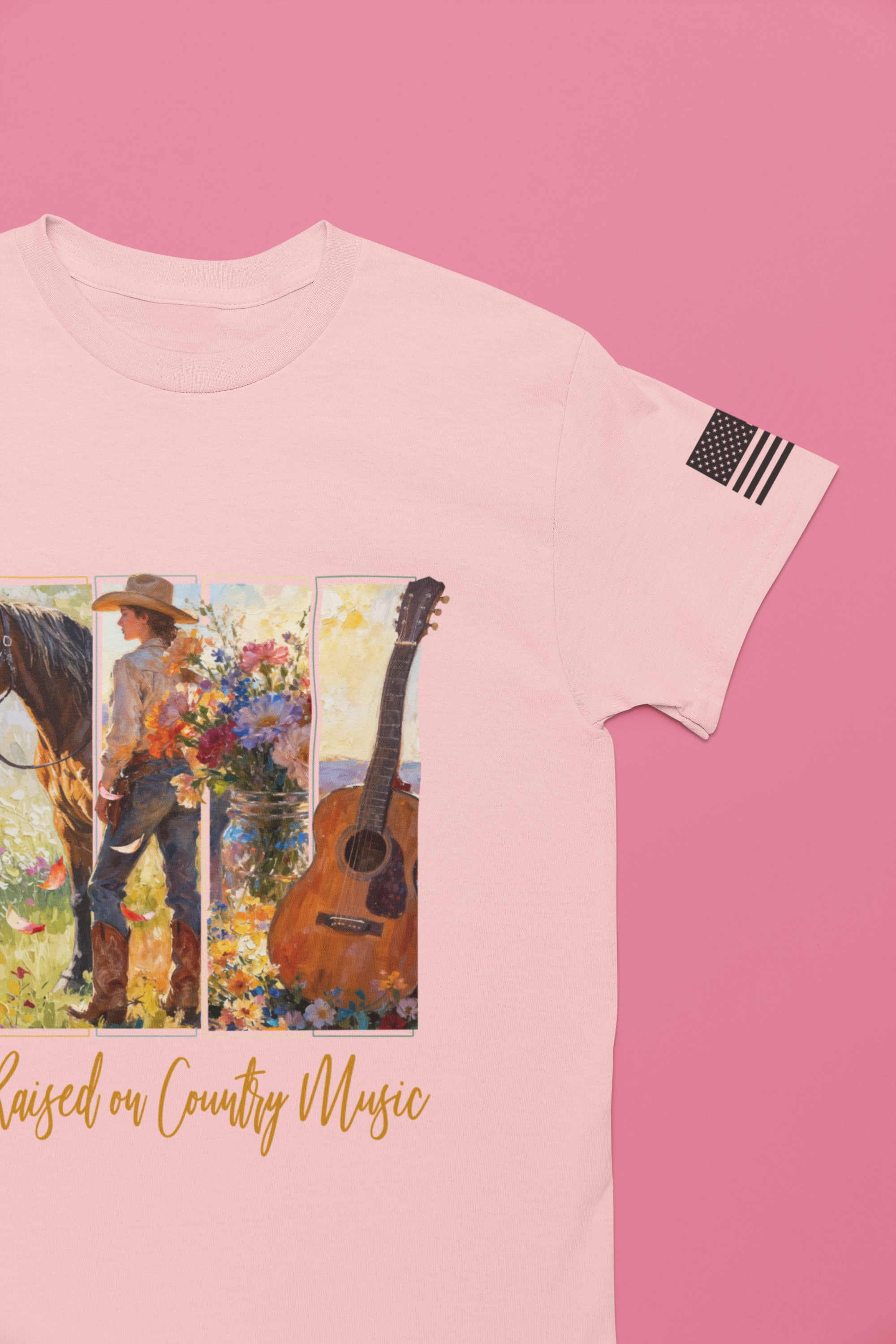 Raised on Country Music T-Shirt – Triptych Horse Cowboy Guitar Floral Illustrated Graphic Tee