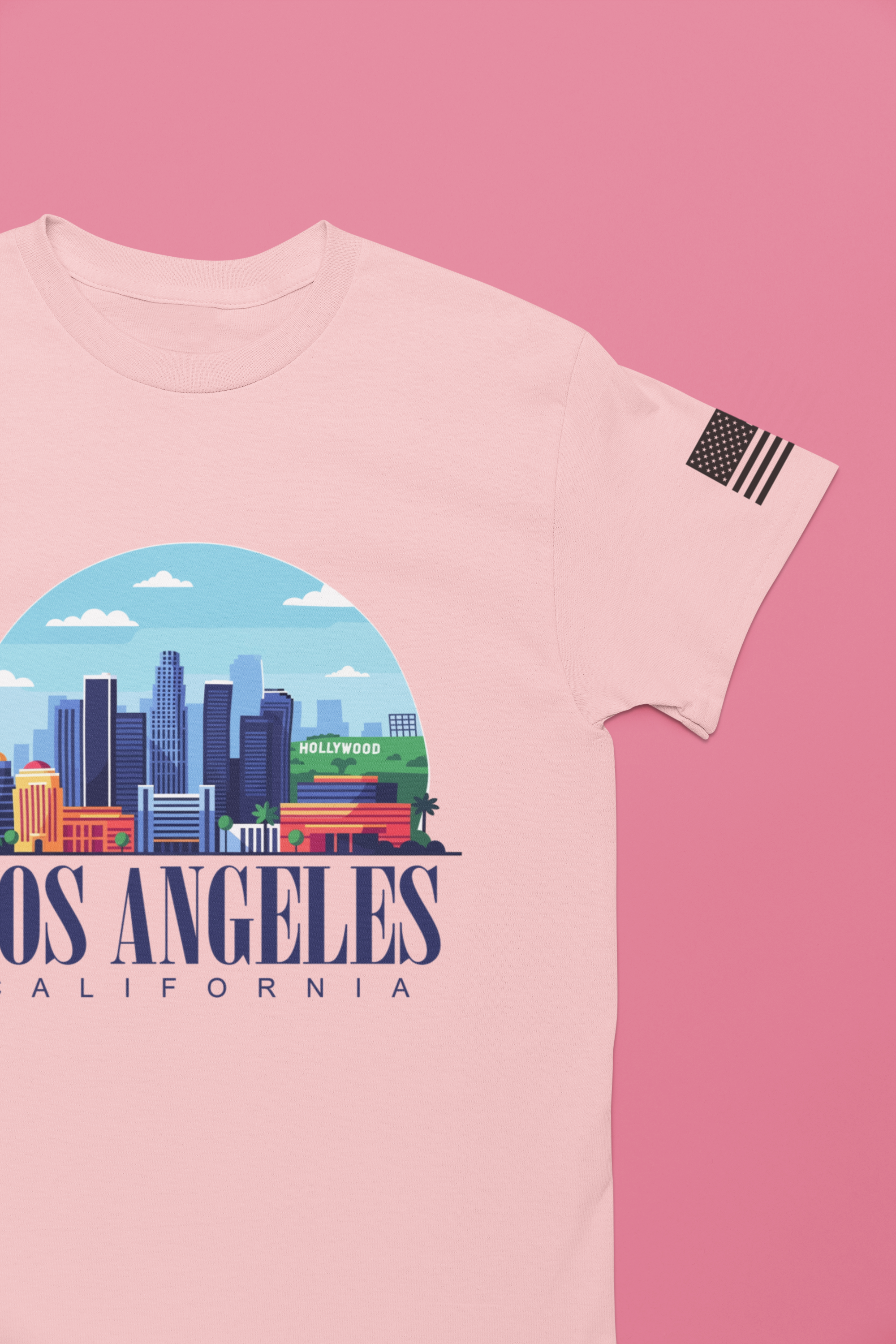 Los Angeles California T-Shirt – Hollywood Sign Colorful Illustrated Skyline Circle Tee
