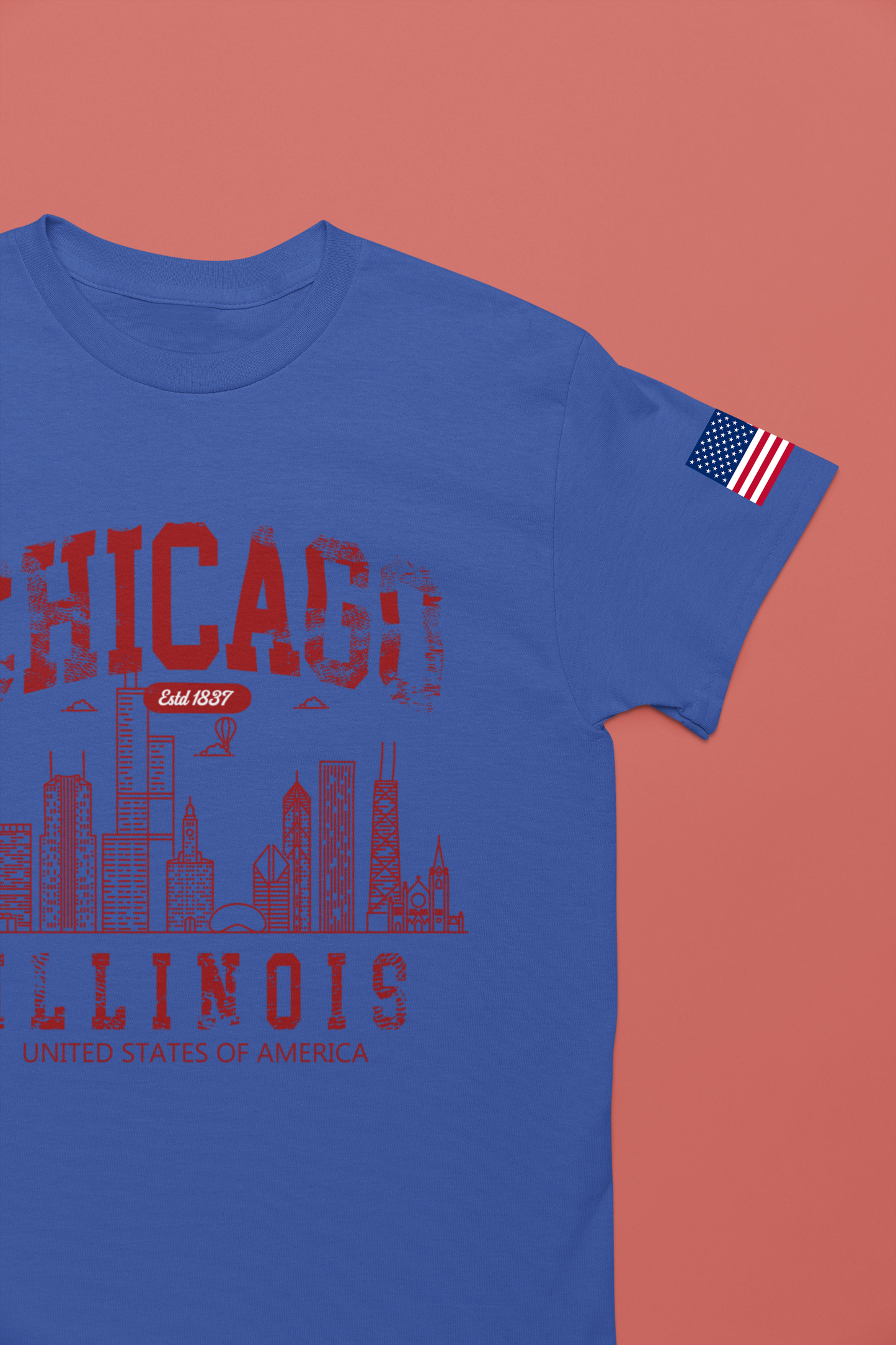 Chicago Illinois Est 1837 T-Shirt - Distressed Vintage Yellow Red Skyline USA