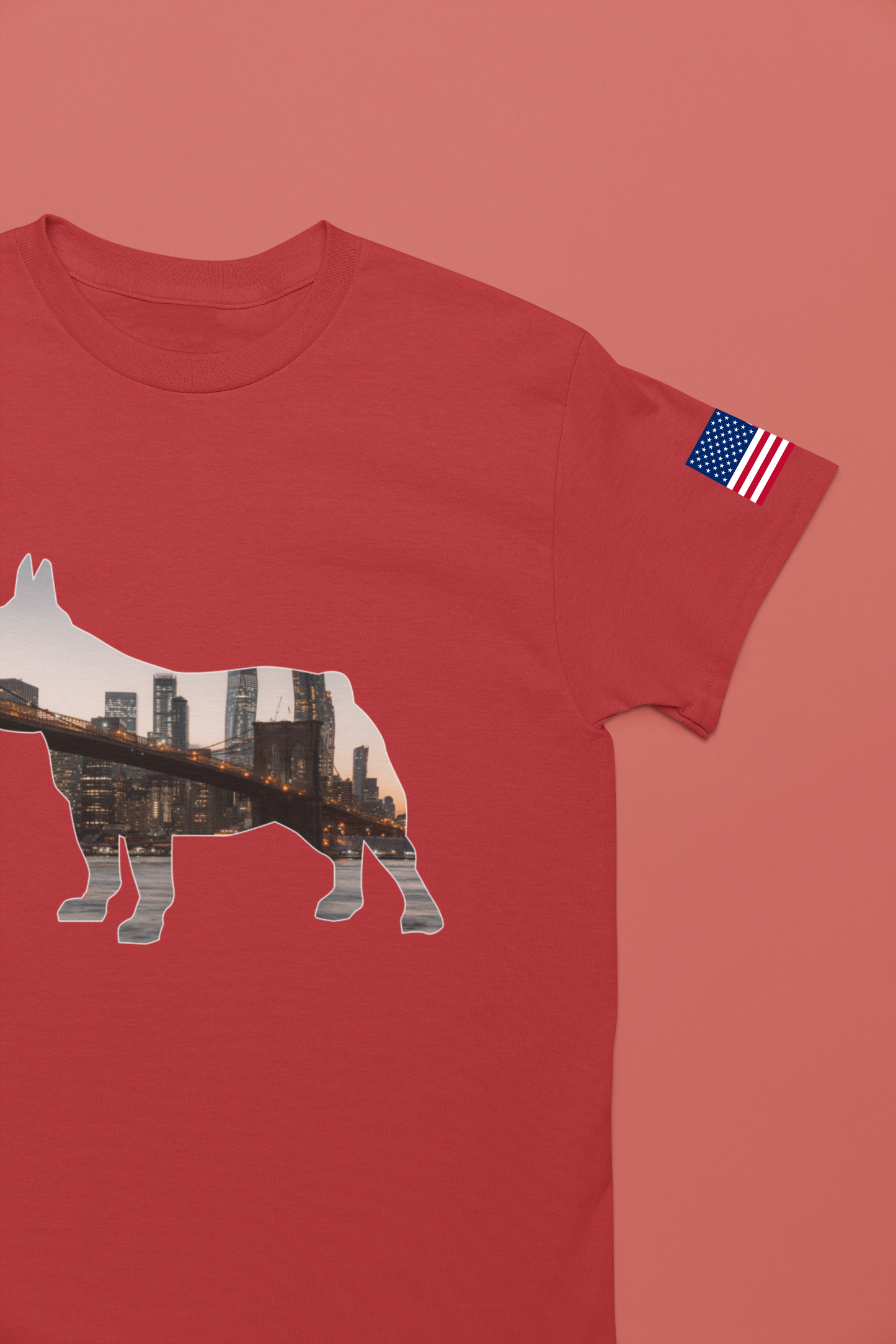 NYC Dog Silhouette T-Shirt - New York City Skyline in French Bulldog Shape Brooklyn Bridge