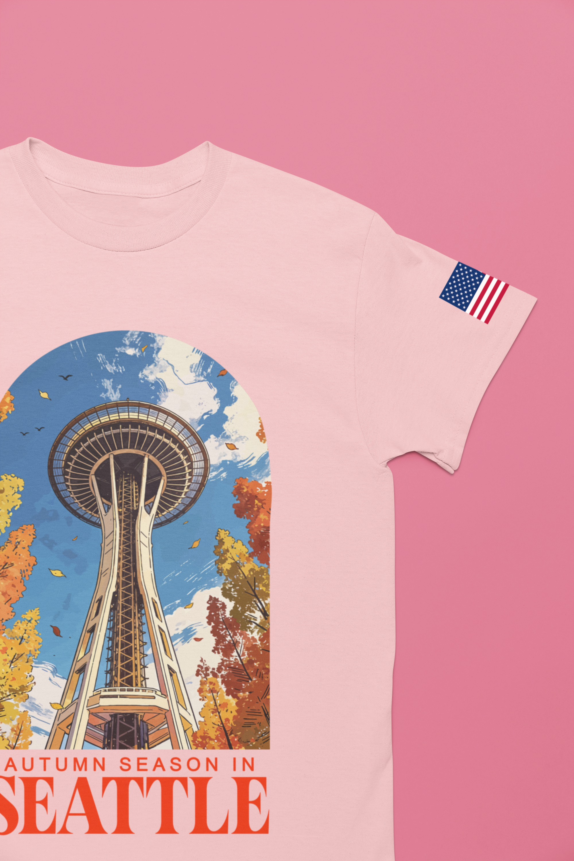 Autumn Season in Seattle Space Needle Fall Foliage T-Shirt | Seattle Fall Graphic Tee | Space Needle Seasonal Shirt