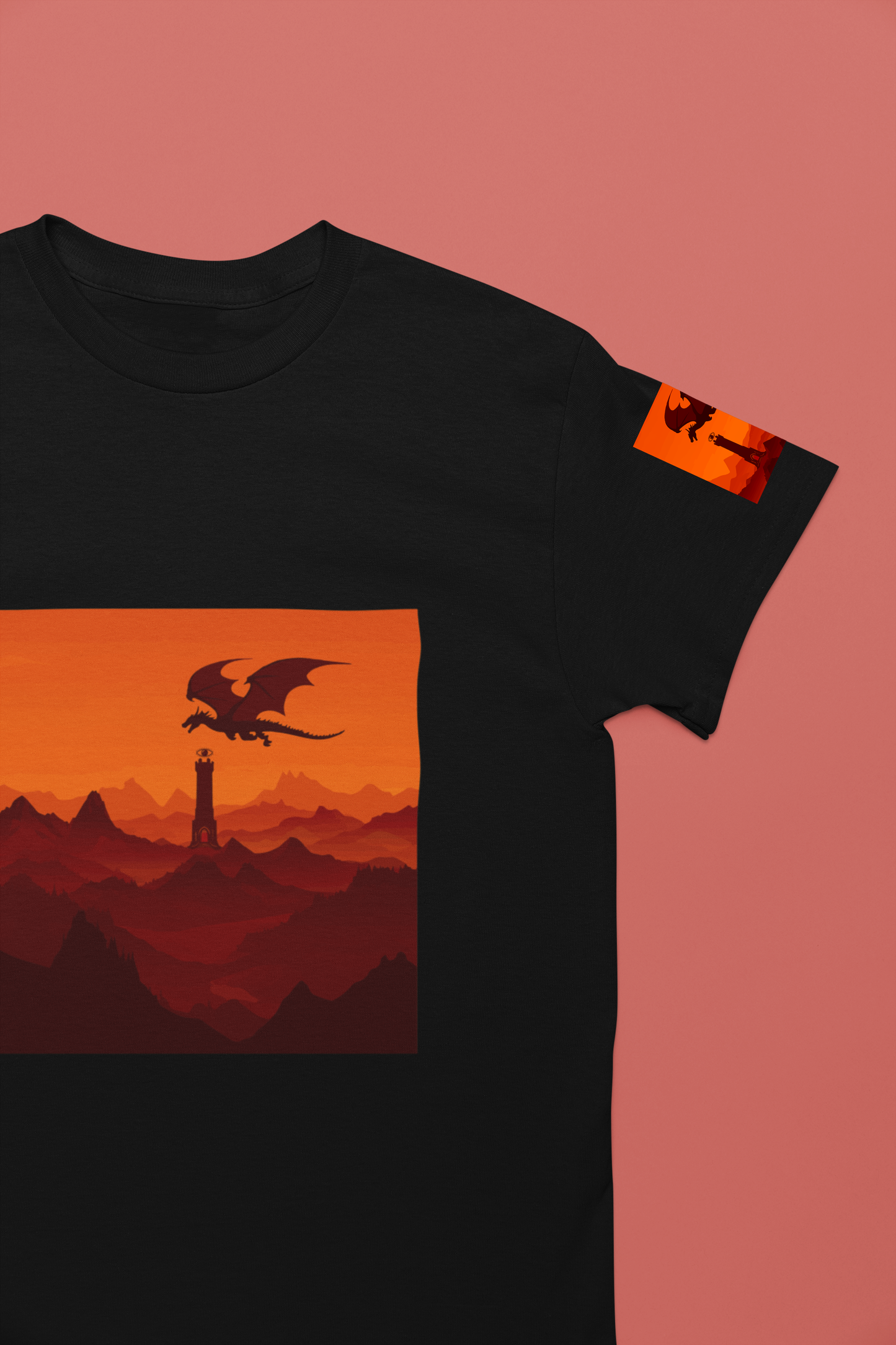Dragon Sunset T-Shirt – Silhouette Flying Dragon Mountain Landscape Fantasy Graphic Tee