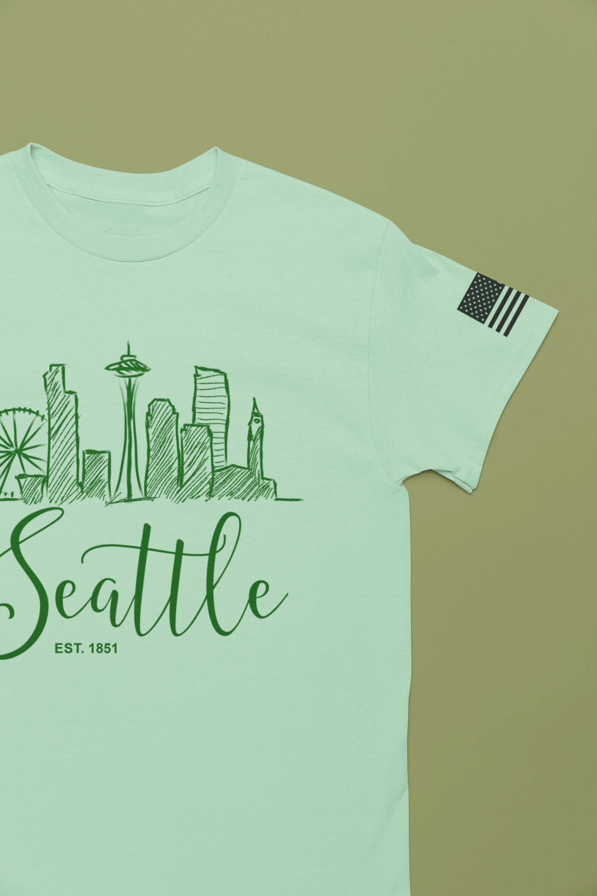 Seattle EST 1851 Hand-Drawn Sketch Skyline Script T-Shirt | Seattle Souvenir Tee | Space Needle Great Wheel Shirt