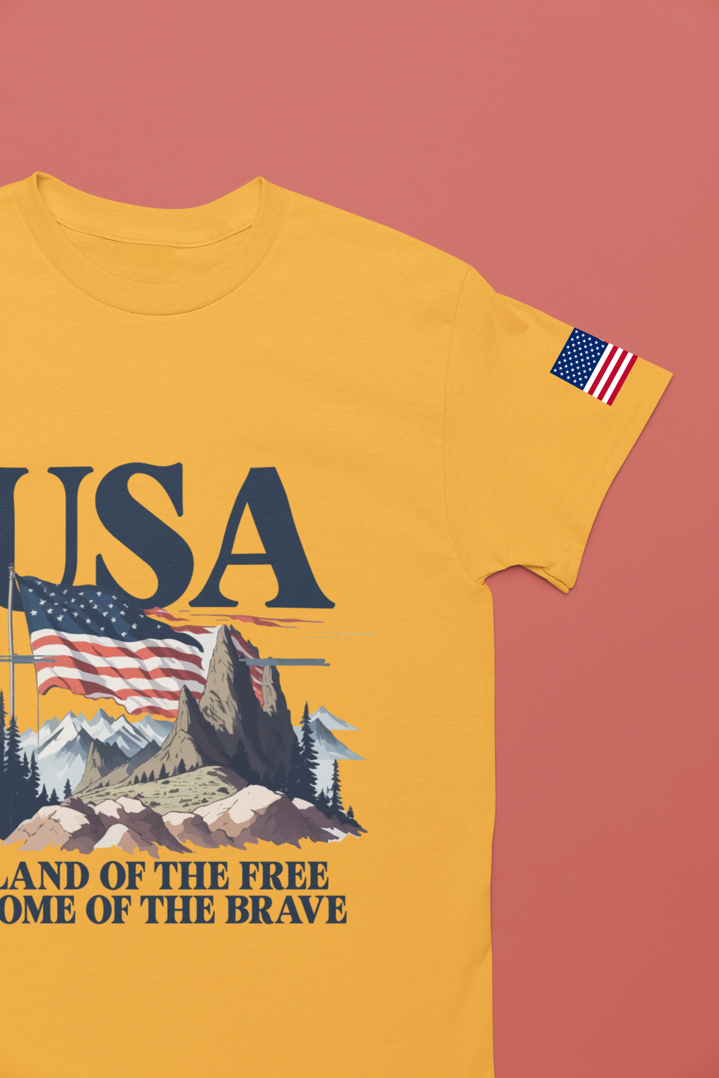 USA Land of the Free Home of the Brave T-Shirt – Mountain Flag Nature Patriotic Graphic Tee