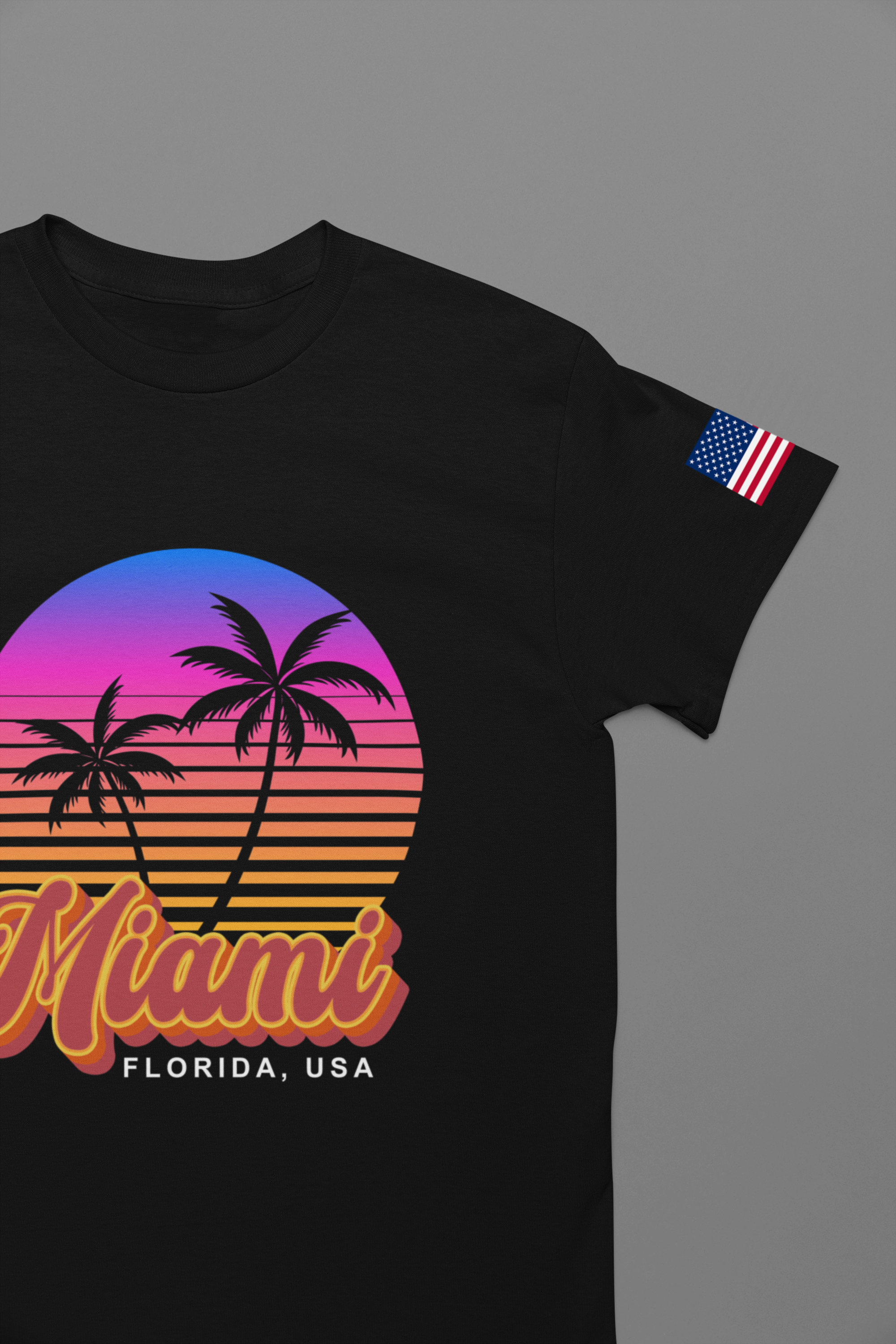 Miami Florida USA T-Shirt – Retro Neon Sunset Palm Tree Circle Graphic Tee
