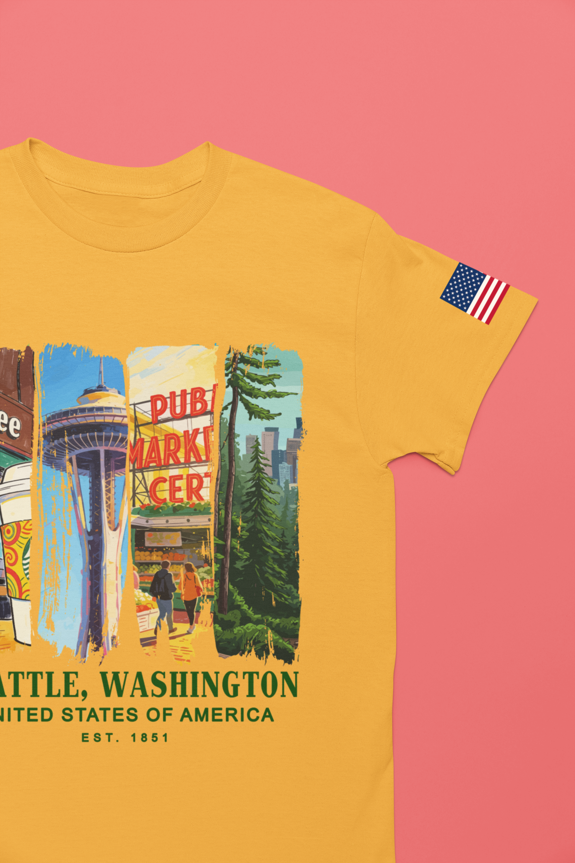 Seattle Washington Icons Collage T-Shirt | Coffee Space Needle Pike Place Market Graphic Tee | Seattle Souvenir