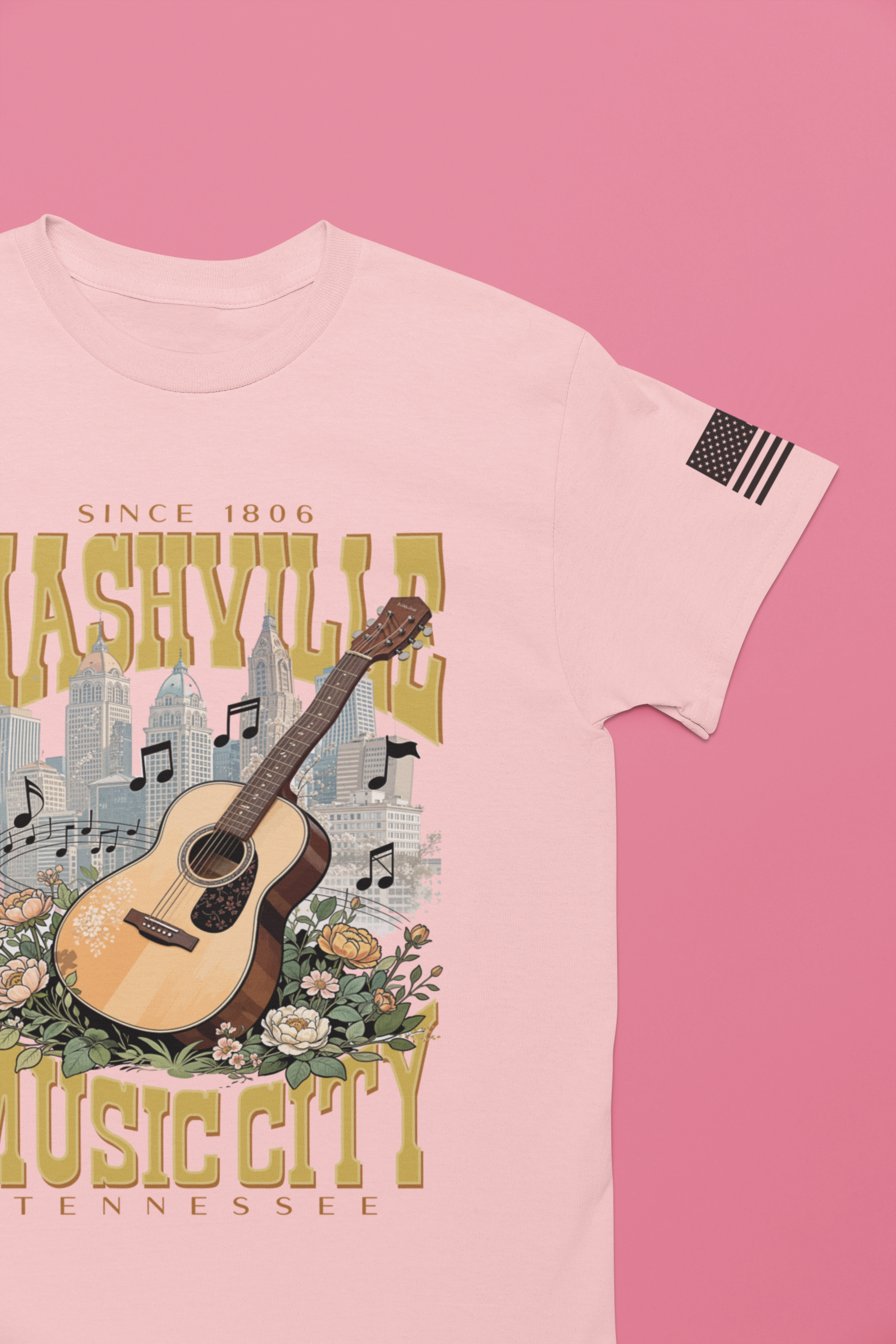 Nashville Music City Since 1806 T-Shirt – Acoustic Guitar Skyline Floral Graphic Tee Tennessee