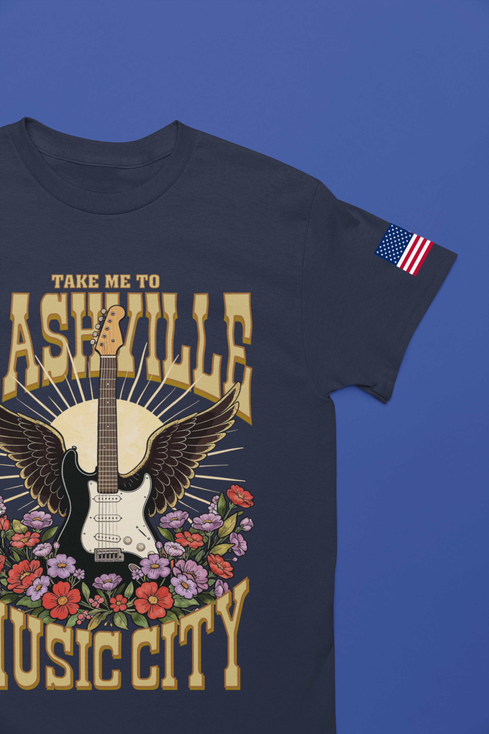Take Me to Nashville Music City T-Shirt – Winged Electric Guitar Floral Graphic Tee
