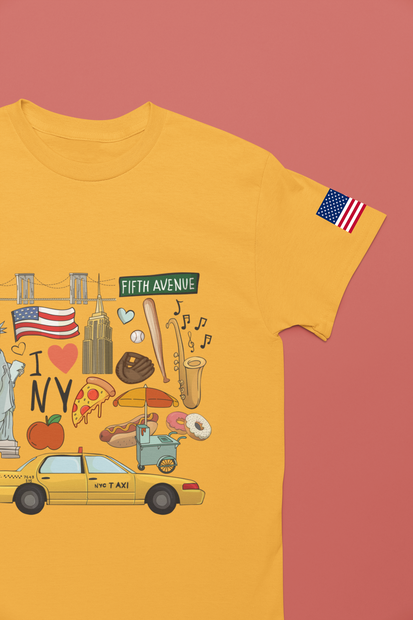 I Love NY T-Shirt - New York City Icons Graphic Tee with Statue of Liberty, Taxi & Food