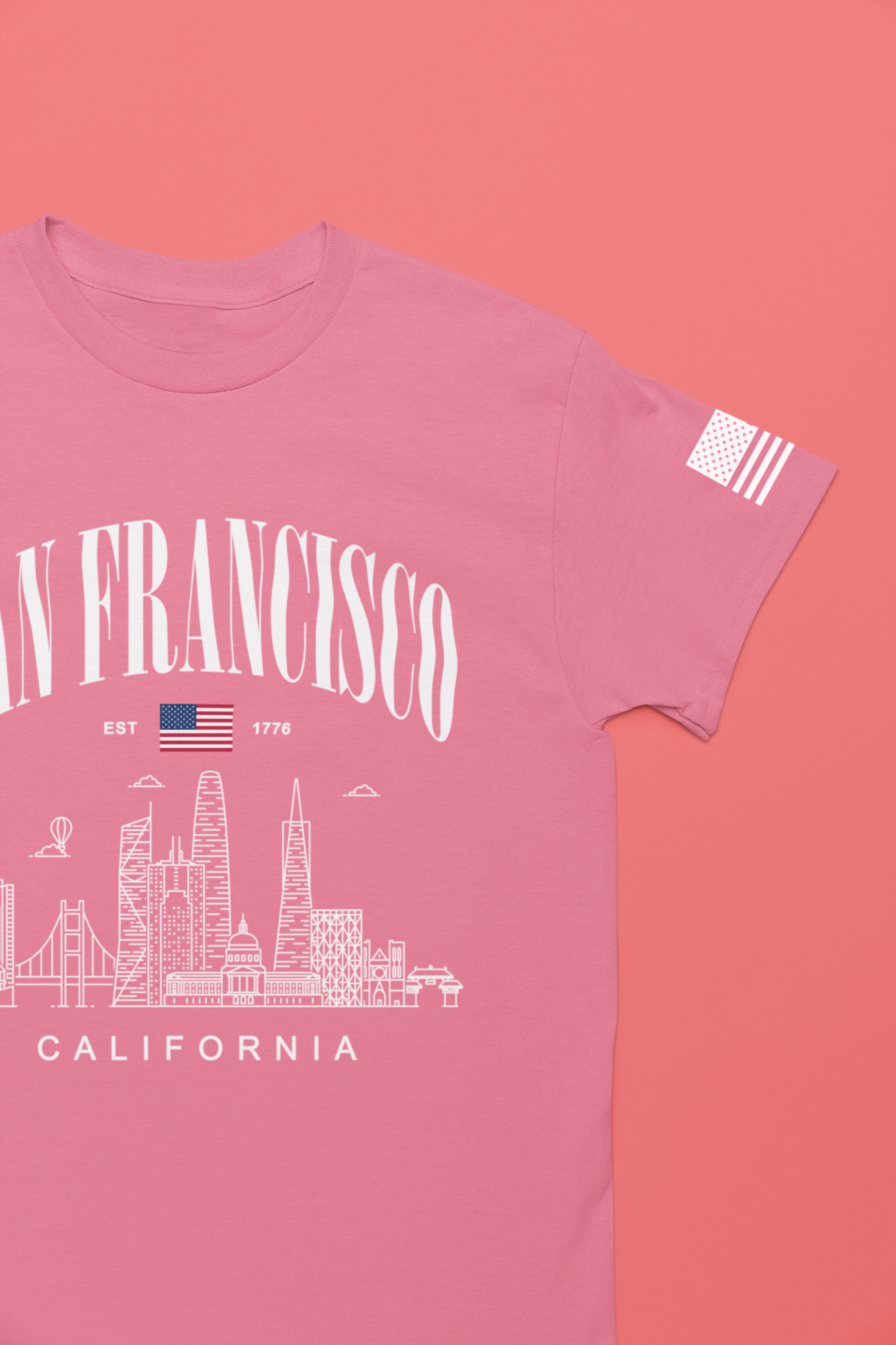 San Francisco California T-Shirt, EST 1776 Arch Skyline Tee, Bay Area Patriotic Shirt, SF Souvenir Gift, Unisex USA Flag Sleeve Shirt