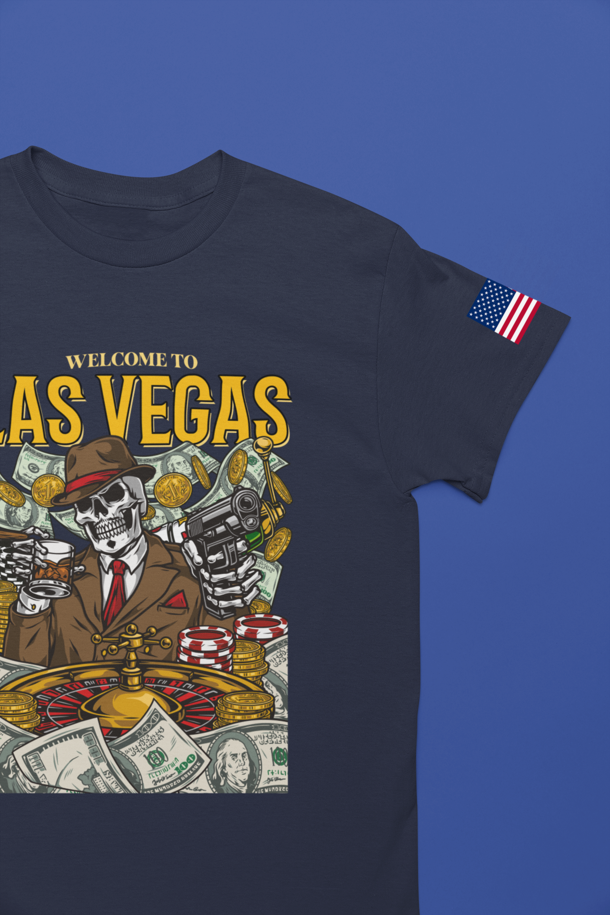 Welcome to Las Vegas Skeleton Gangster T-Shirt – Skull Casino Roulette Graphic Tee