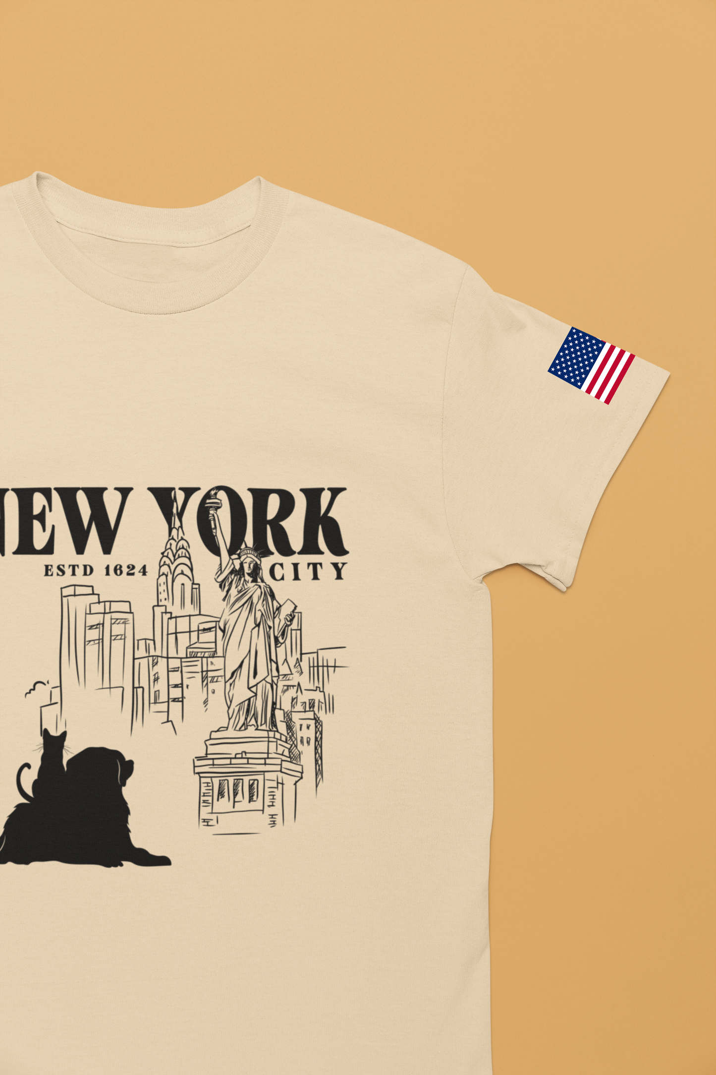 New York City Cat Dog T-Shirt - NYC Est. 1624 Sketch Art with Brooklyn Bridge & Liberty