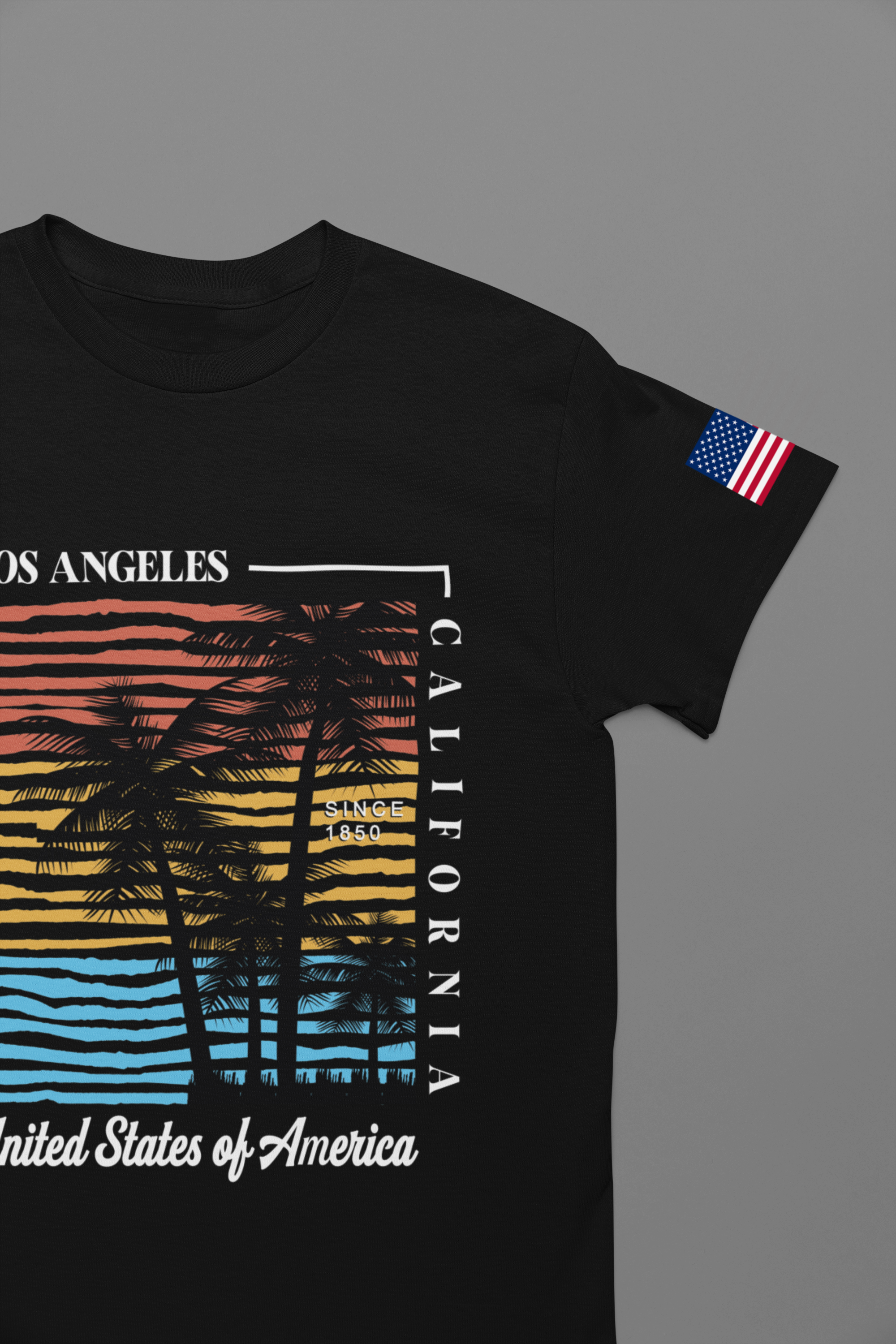 Los Angeles California Since 1850 T-Shirt – Colorful Striped Sunset Palm Tree USA Tee