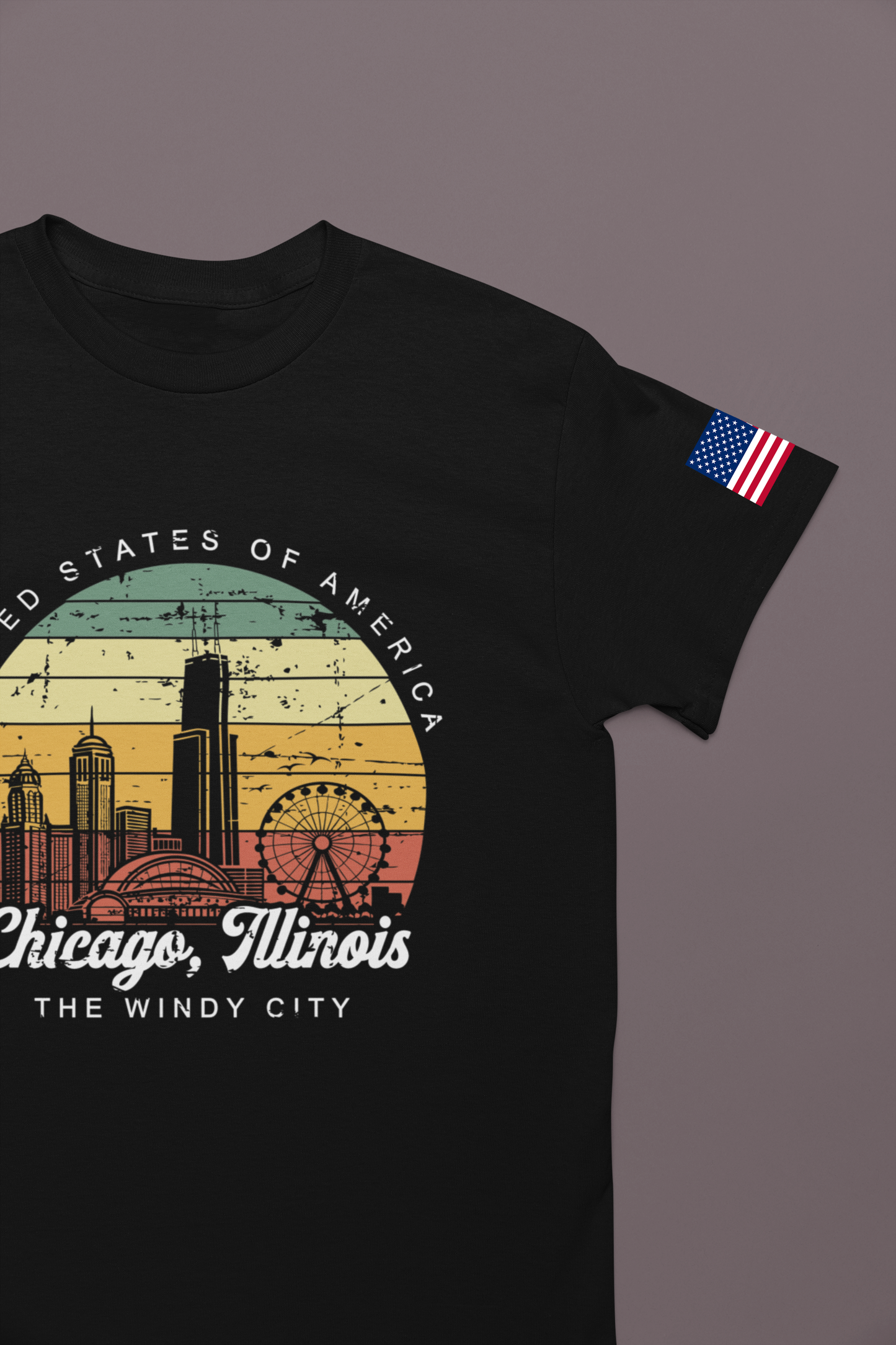 Chicago Illinois Retro Sunset T-Shirt - Vintage Skyline Ferris Wheel 70s Circle Design