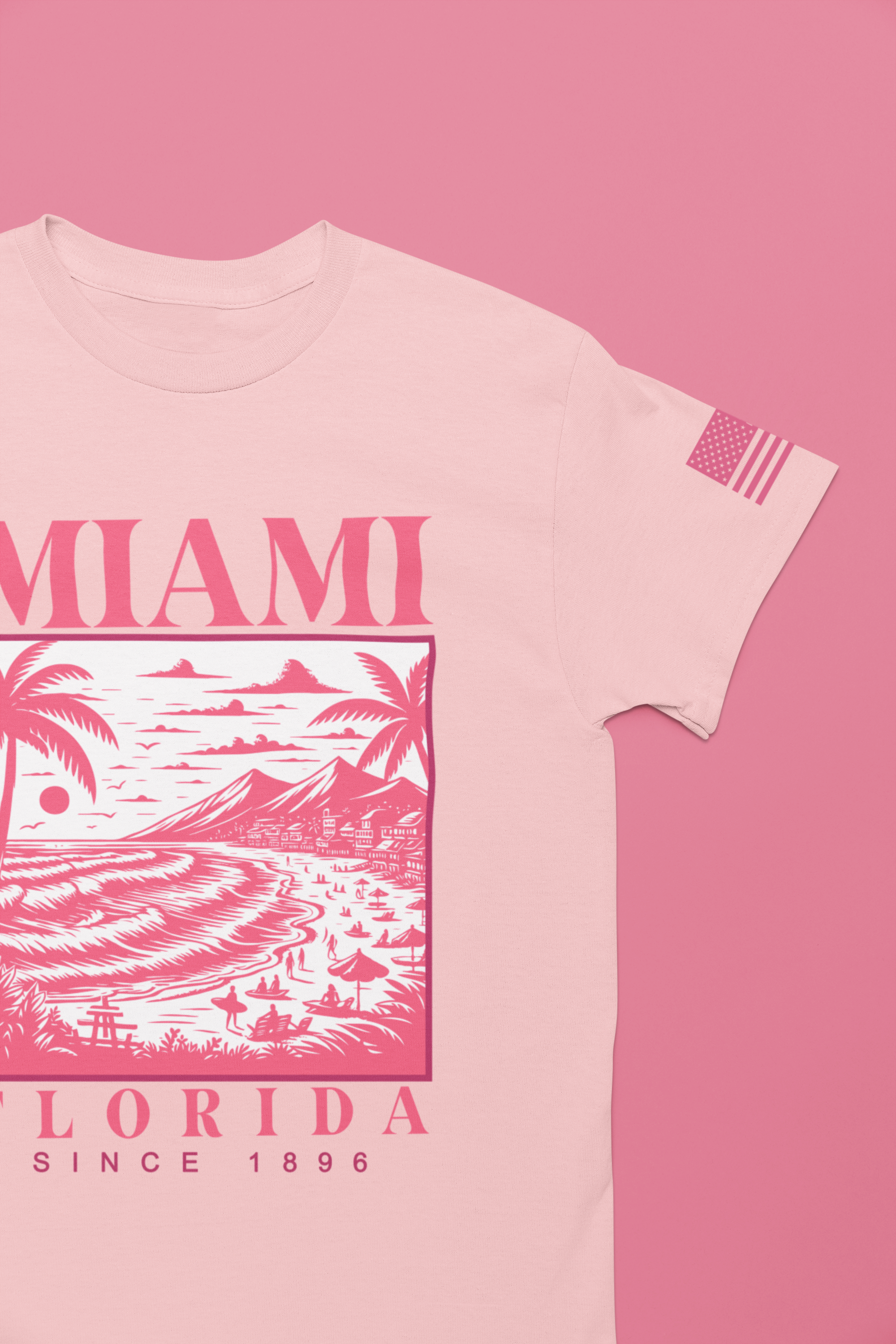 Miami Florida Since 1896 T-Shirt – Engraving Style Beach Scene Palm Tree Graphic Tee