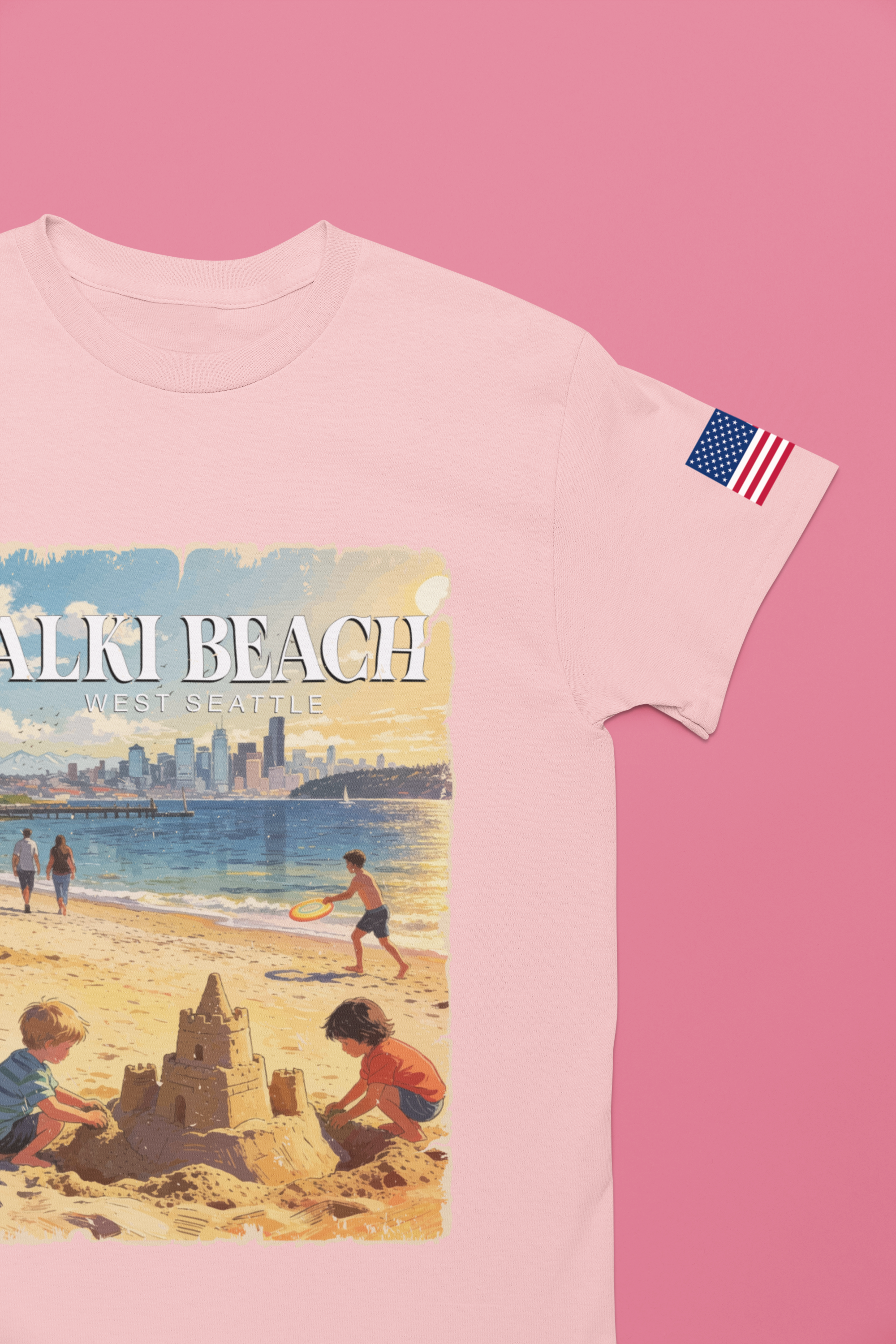 Alki Beach West Seattle Vintage Travel Poster Graphic T-Shirt | West Seattle Souvenir Tee | Puget Sound Beach Shirt