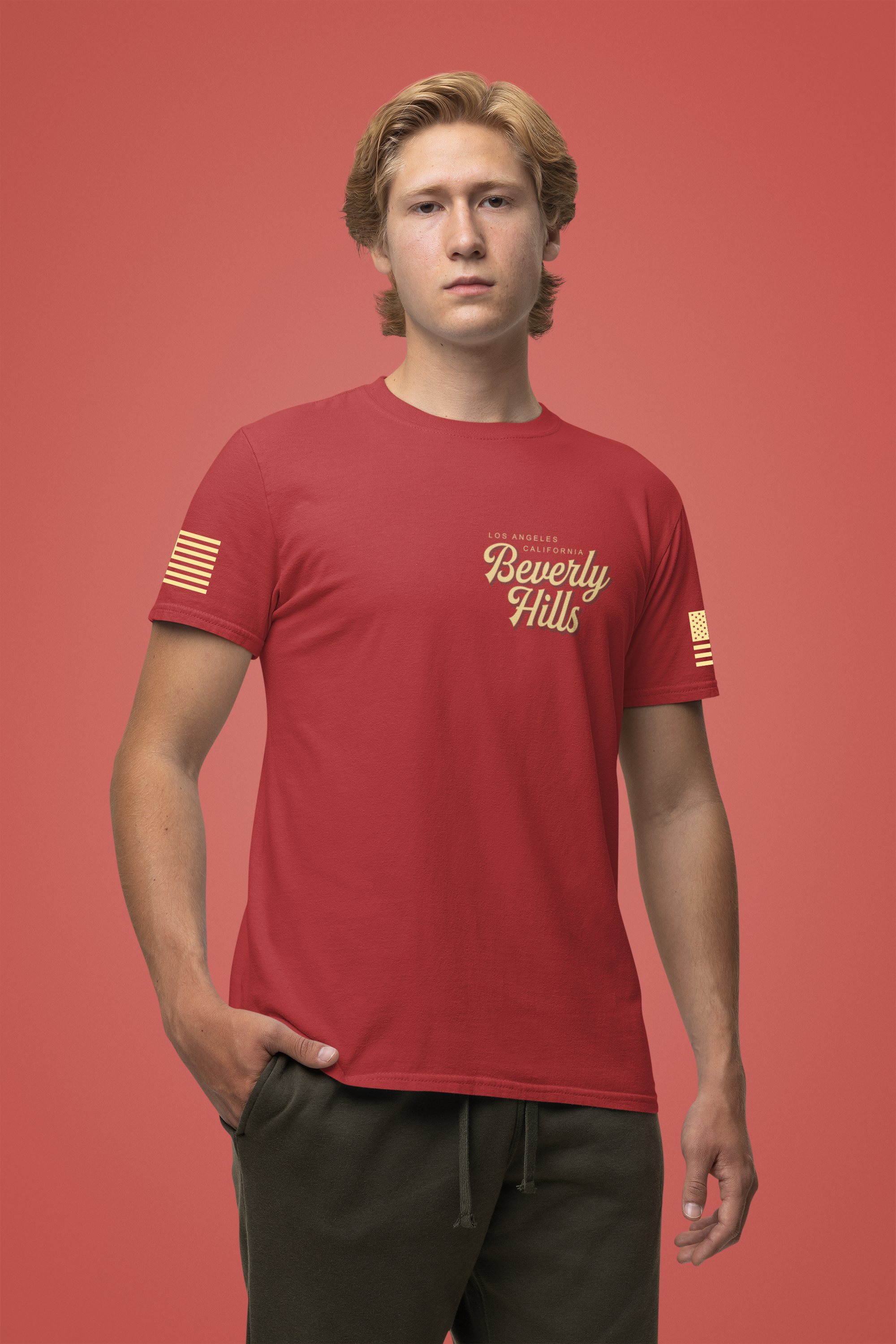Beverly Hills Los Angeles California Front & Back T-Shirt – Vintage Classic Car Street Scene Tee