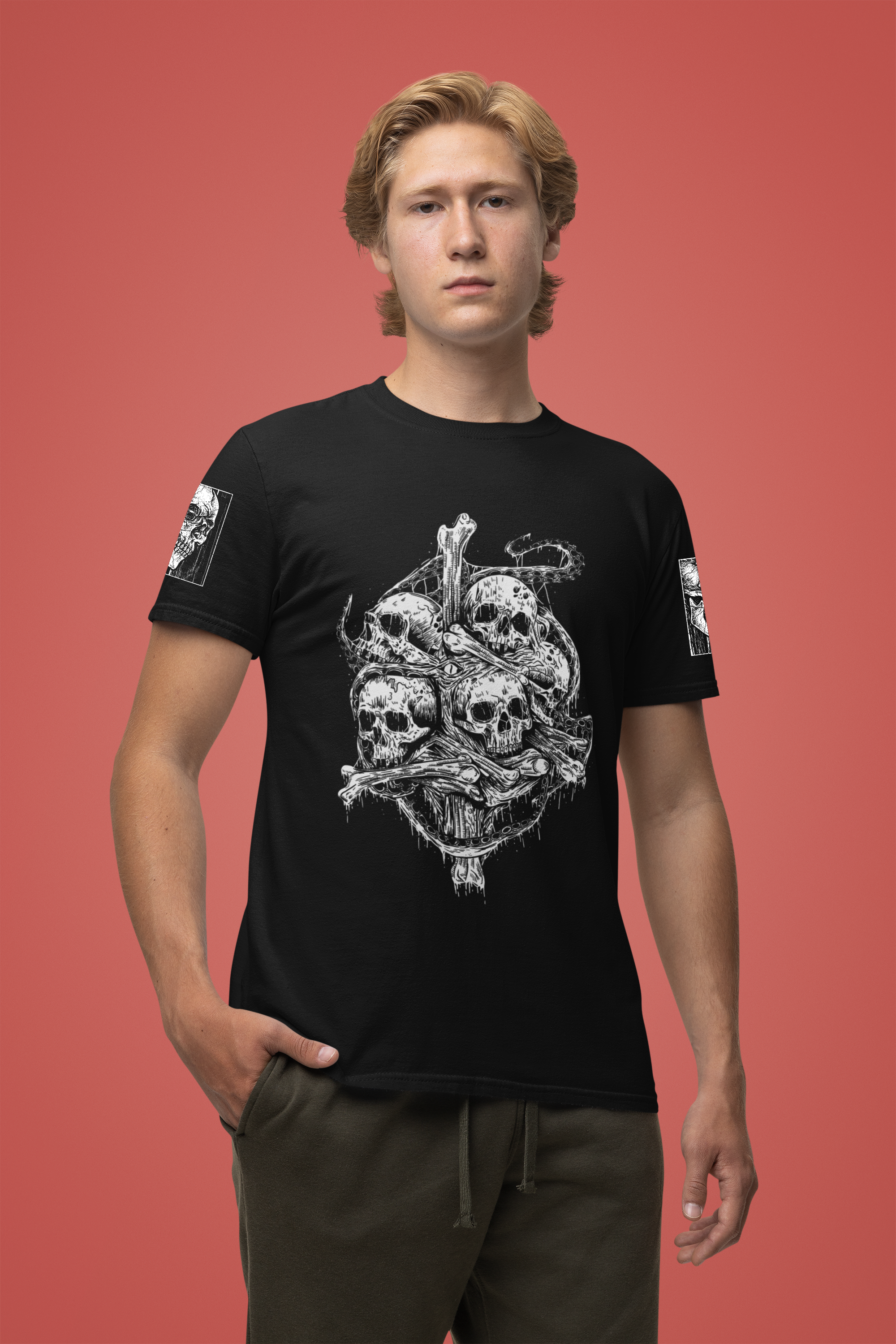 Gothic Skull Pile T-Shirt – Dark Horror Skeleton Art Graphic Tee