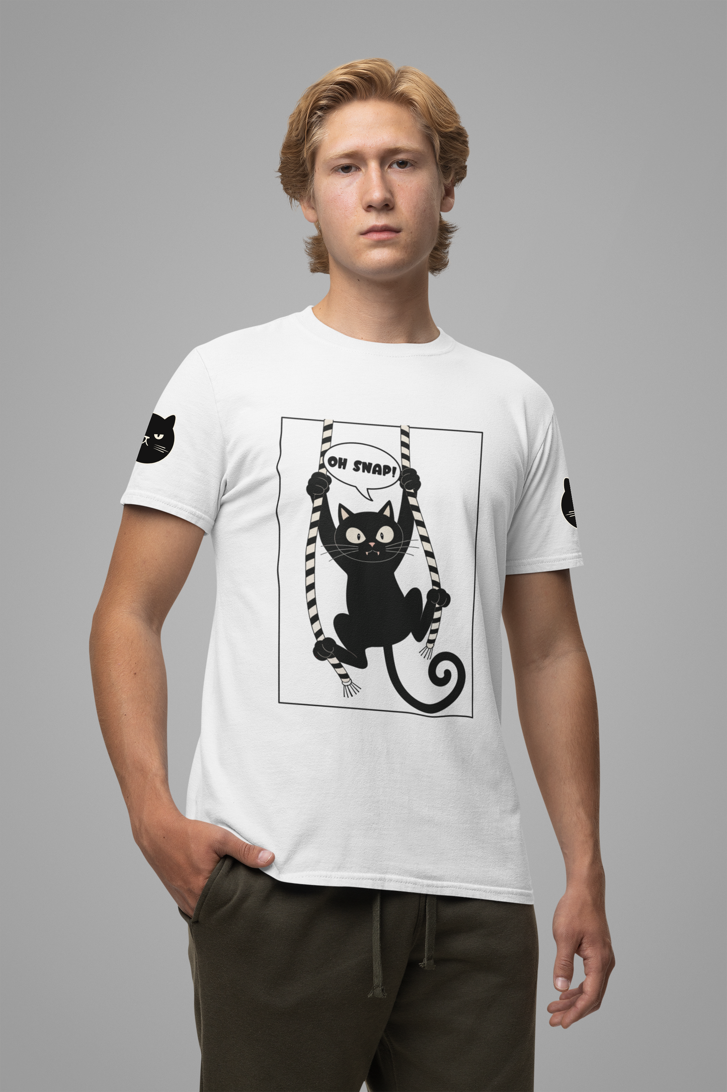 Oh Snap Funny Cat T-Shirt – Cat Hanging from Blinds Mischievous Kitten Humor Graphic Tee