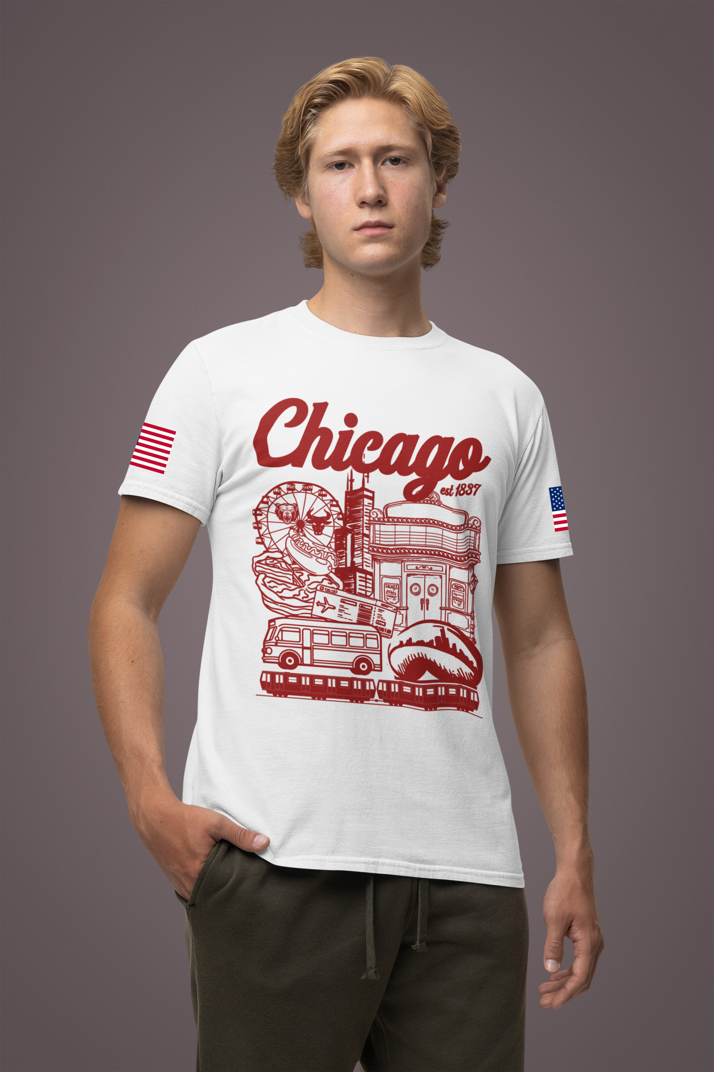 Chicago Est 1837 T-Shirt - Iconic Landmarks Yellow Red Illinois Tourist Collage