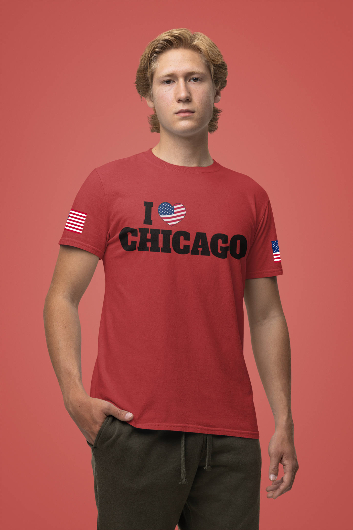I Love Chicago T-Shirt - Classic USA Flag Heart Black Simple City Pride Design