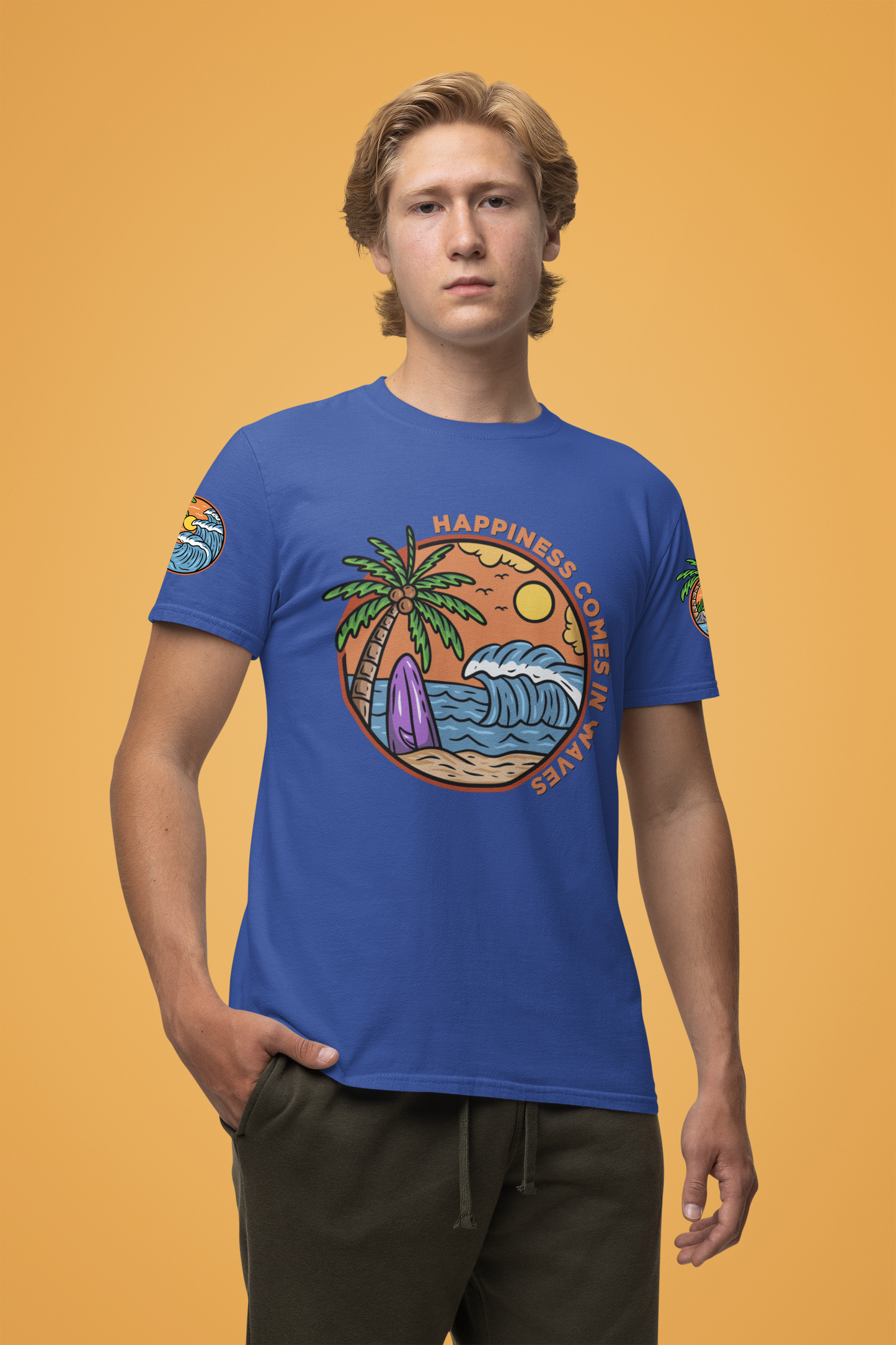 Happiness Comes in Waves T-Shirt – Beach Surf Palm Tree Ocean Graphic Tee