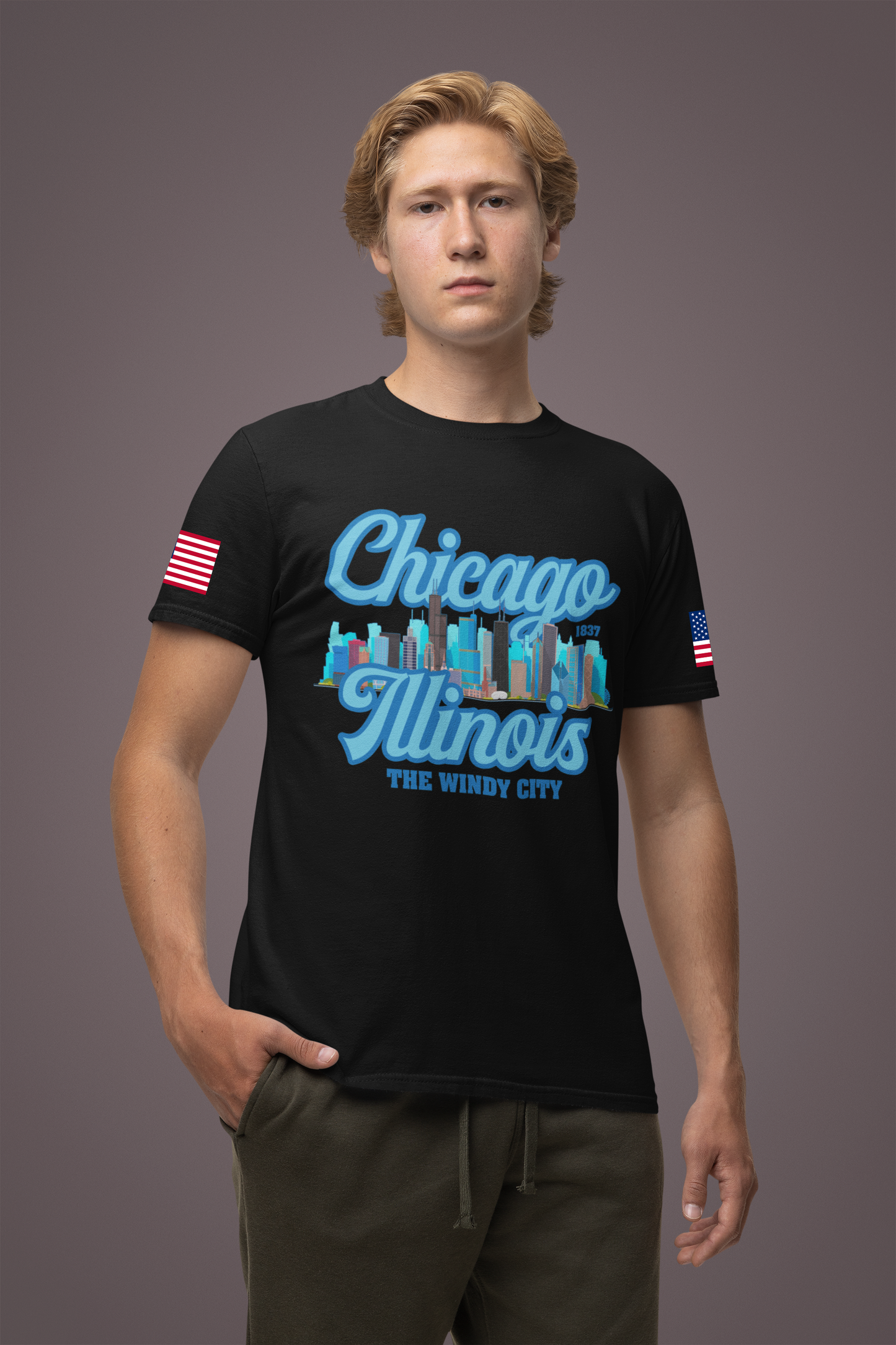 Chicago Illinois Windy City T-Shirt - 1837 Blue Colorful Skyline Navy Design