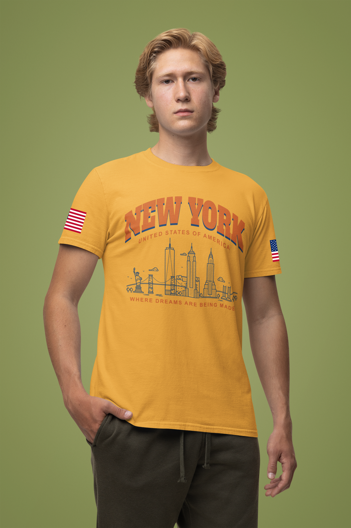 New York Dreams T-Shirt - Where Dreams Are Being Made USA Orange Blue Skyline