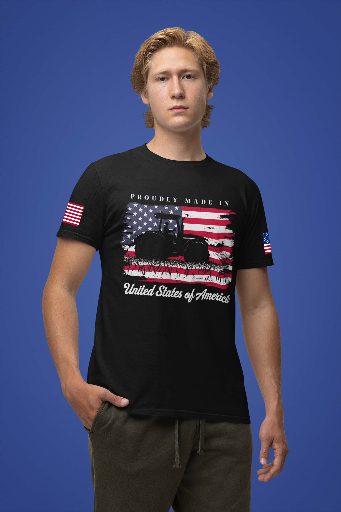 Proudly Made in USA T-Shirt – American Farmer Tractor Flag Patriotic Graphic Tee