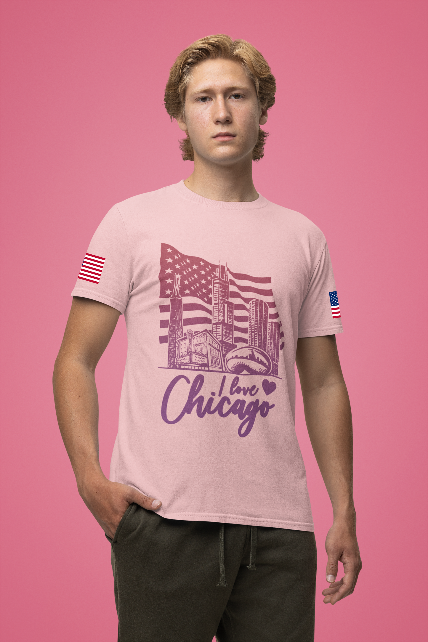 I Love Chicago T-Shirt - Chicago Flag Heart Purple Script Illinois City Pride