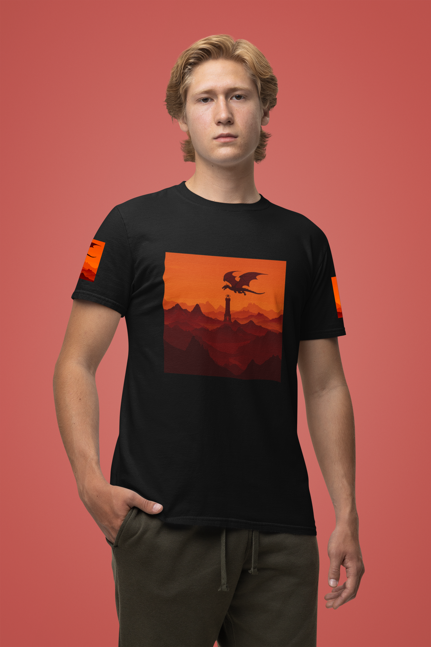Dragon Sunset T-Shirt – Silhouette Flying Dragon Mountain Landscape Fantasy Graphic Tee