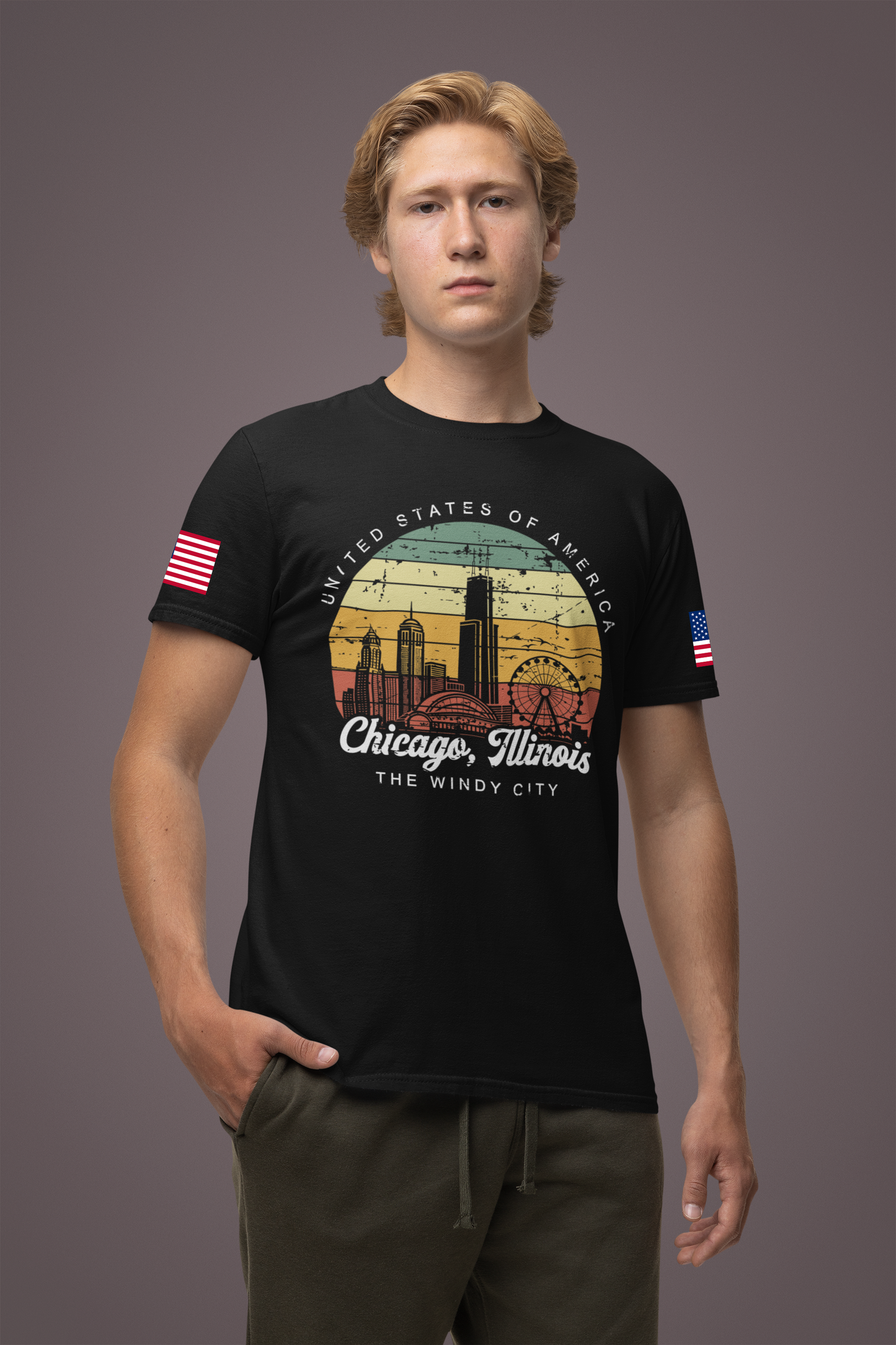 Chicago Illinois Retro Sunset T-Shirt - Vintage Skyline Ferris Wheel 70s Circle Design