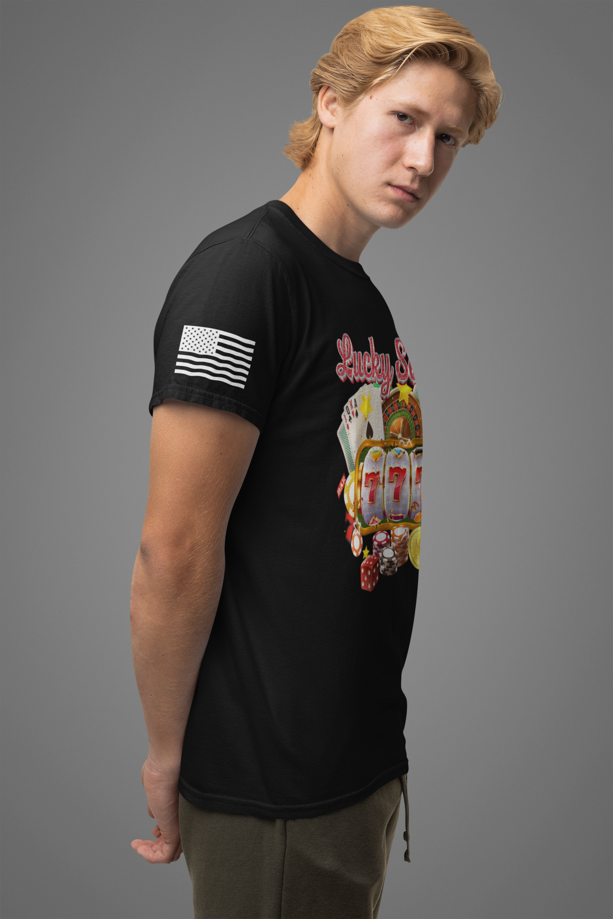 Lucky Sevens Casino T-Shirt – 777 Slot Machine Roulette Poker Chips Vegas Tee