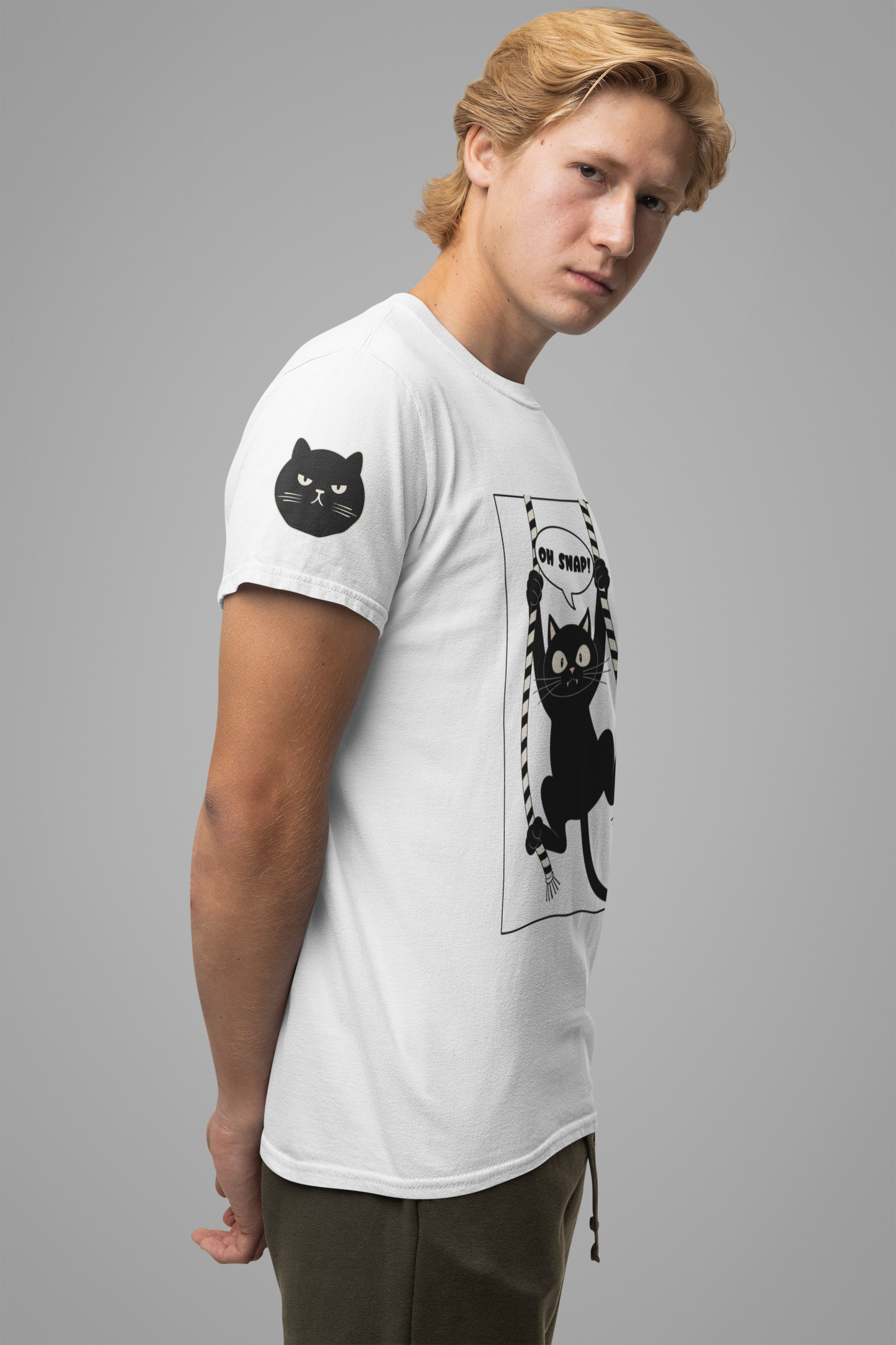 Oh Snap Funny Cat T-Shirt – Cat Hanging from Blinds Mischievous Kitten Humor Graphic Tee