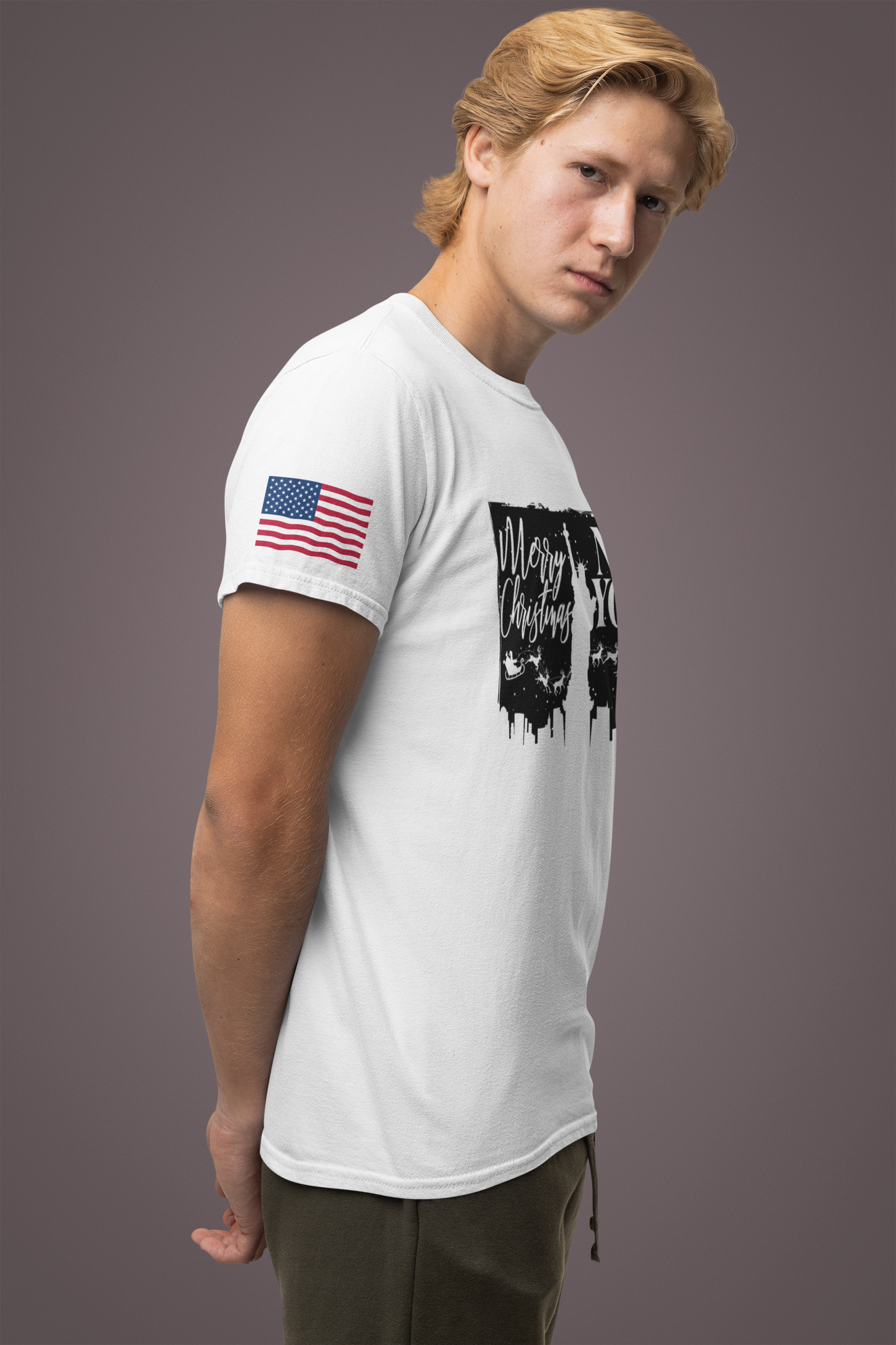 Merry Christmas New York T-Shirt - NYC Holiday Skyline with Santa & Statue of Liberty