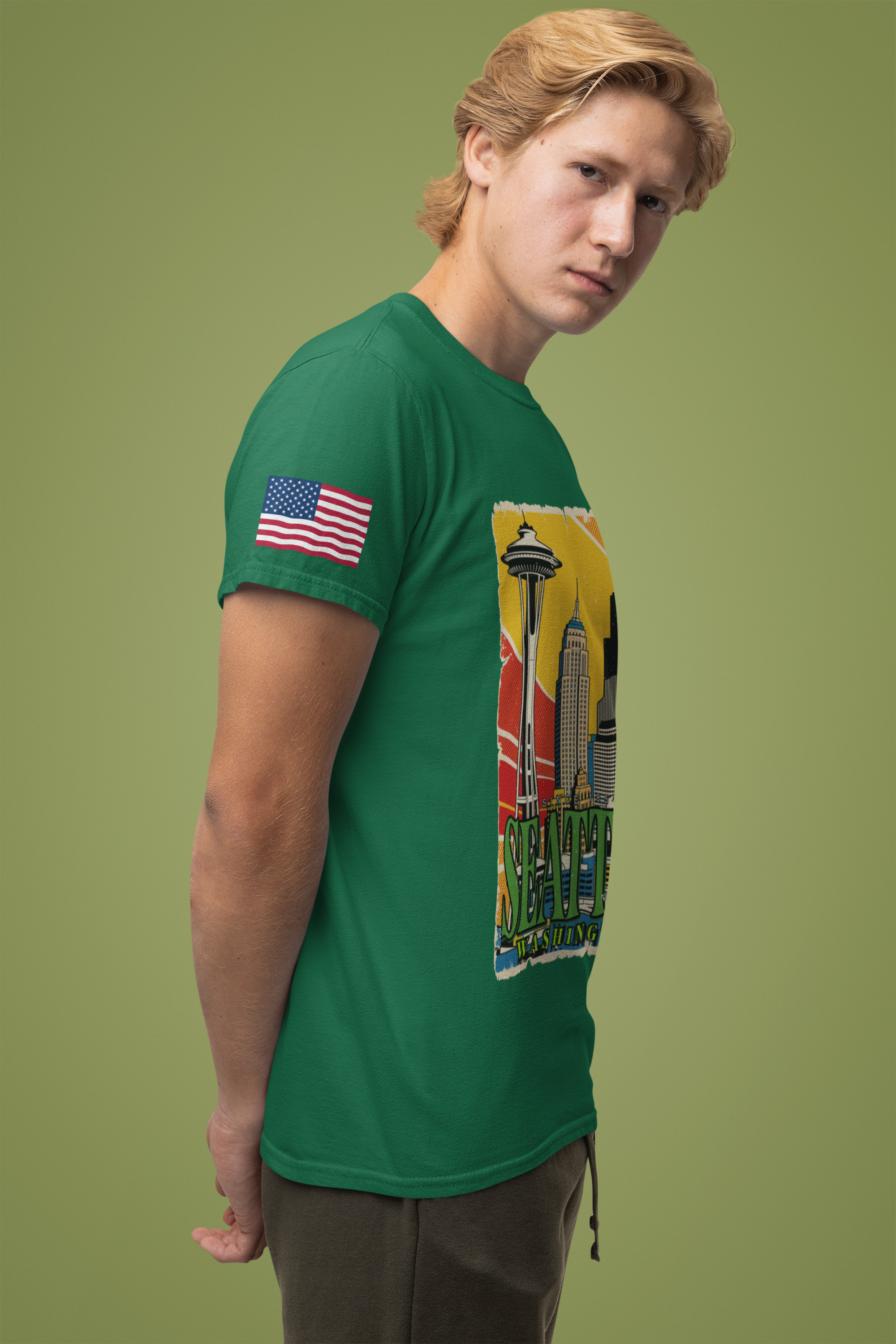 Seattle Washington Retro Pop Art Skyline T-Shirt | Space Needle Comic Style Graphic Tee | Seattle Souvenir Shirt