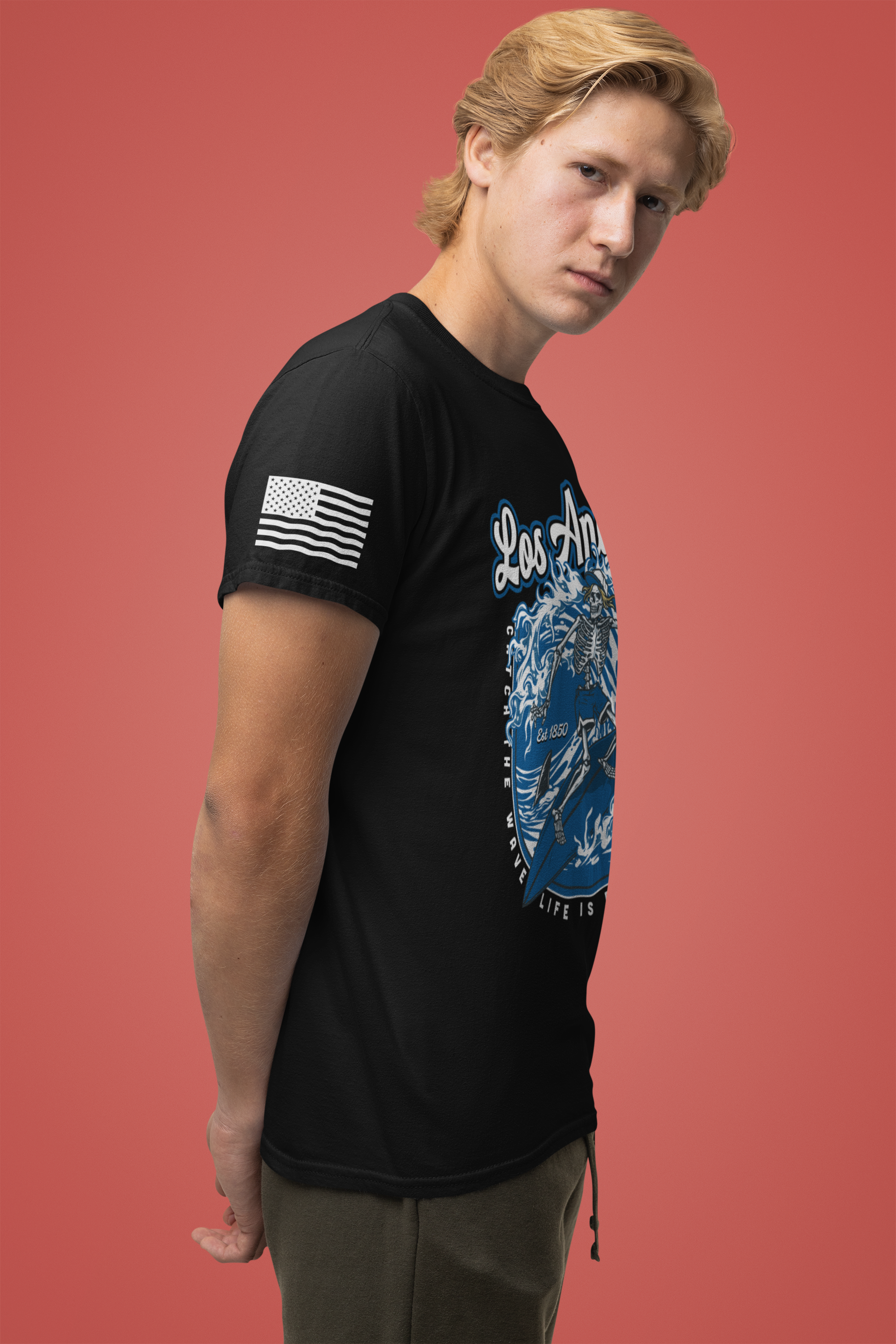 Los Angeles Skeleton Surfer T-Shirt – Life Is Better When You Surf CA EST 1850 Tee