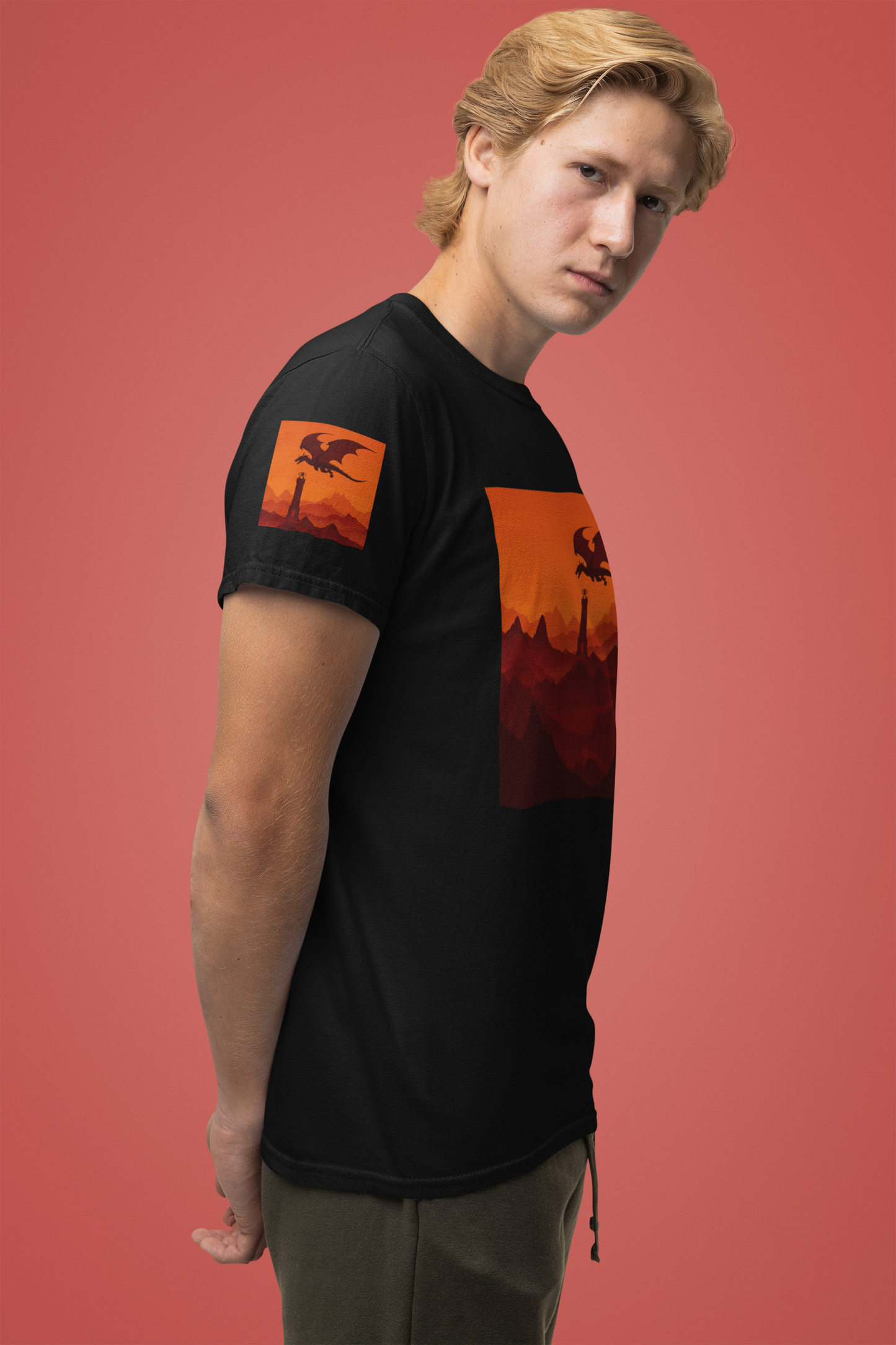 Dragon Sunset T-Shirt – Silhouette Flying Dragon Mountain Landscape Fantasy Graphic Tee