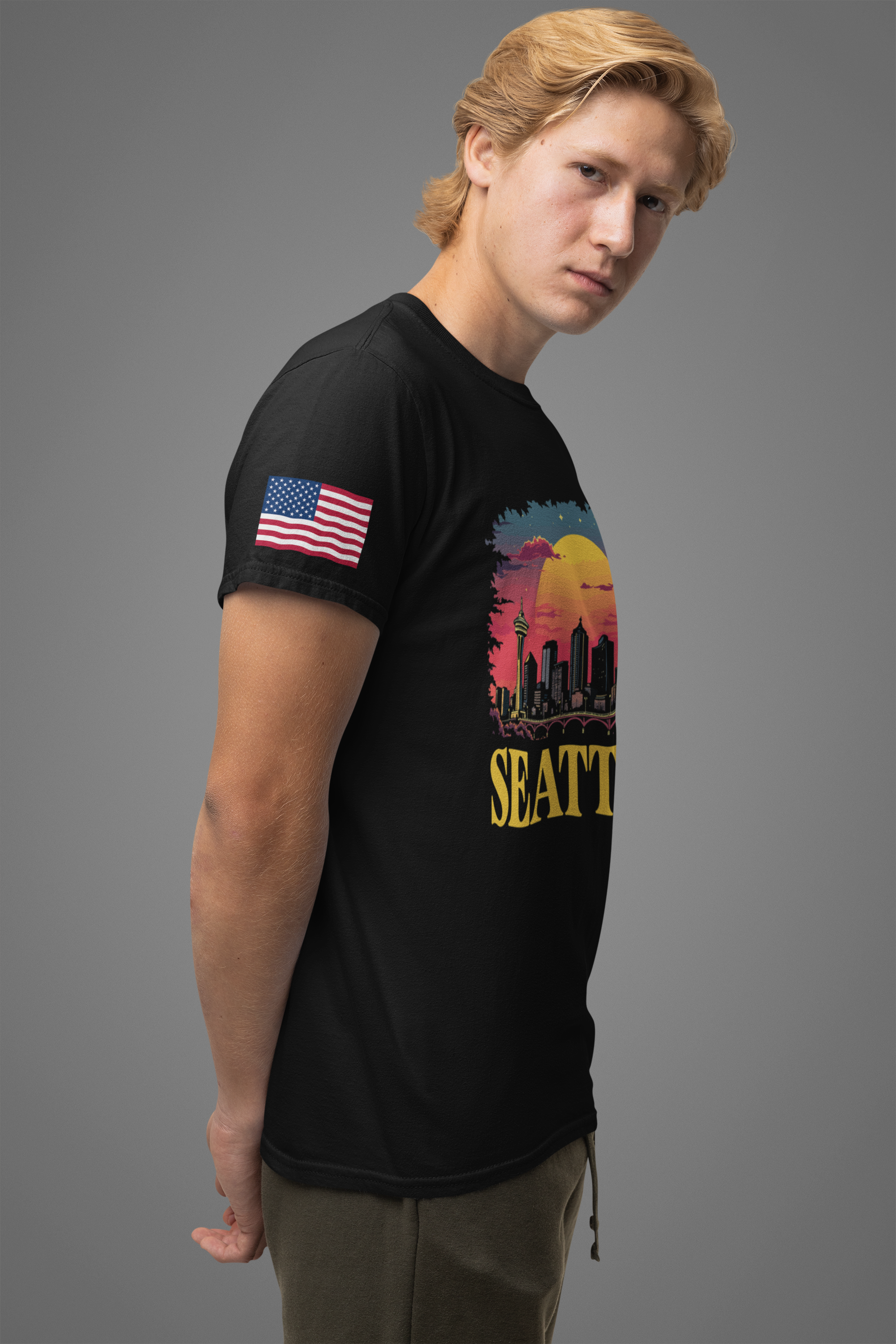 Seattle Retro Sunset Skyline Graphic T-Shirt | Emerald City Space Needle Night Sky Tee | Seattle Souvenir Shirt