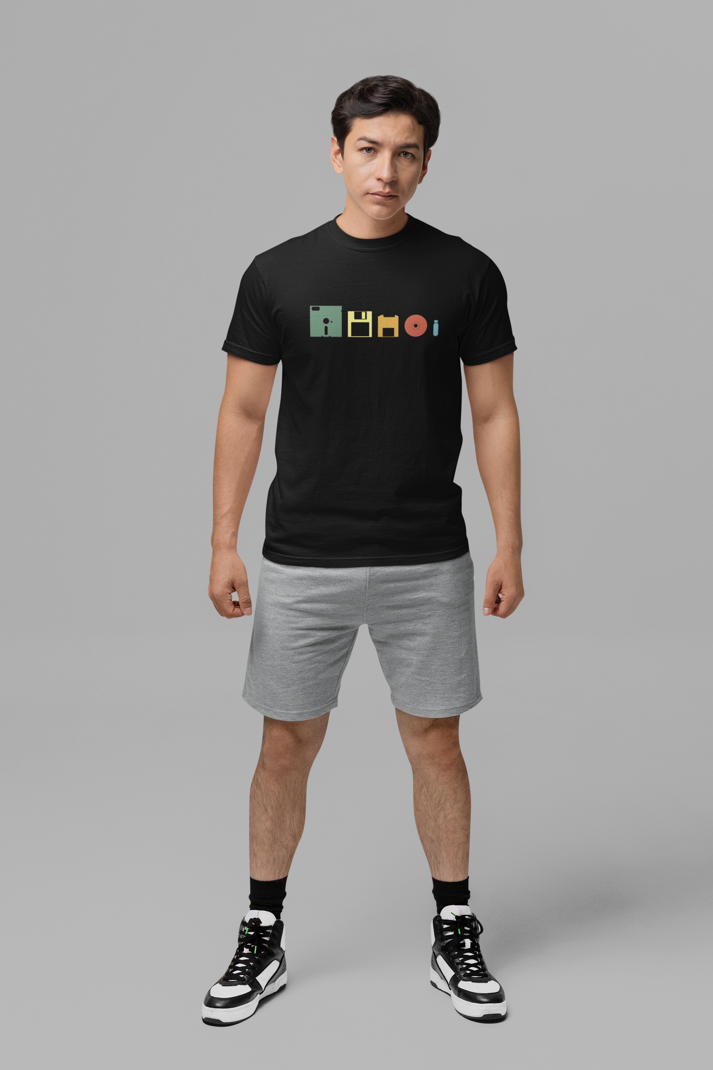 Data Storage Evolution Tshirt – Floppy Disk to CD to Thumb Drive