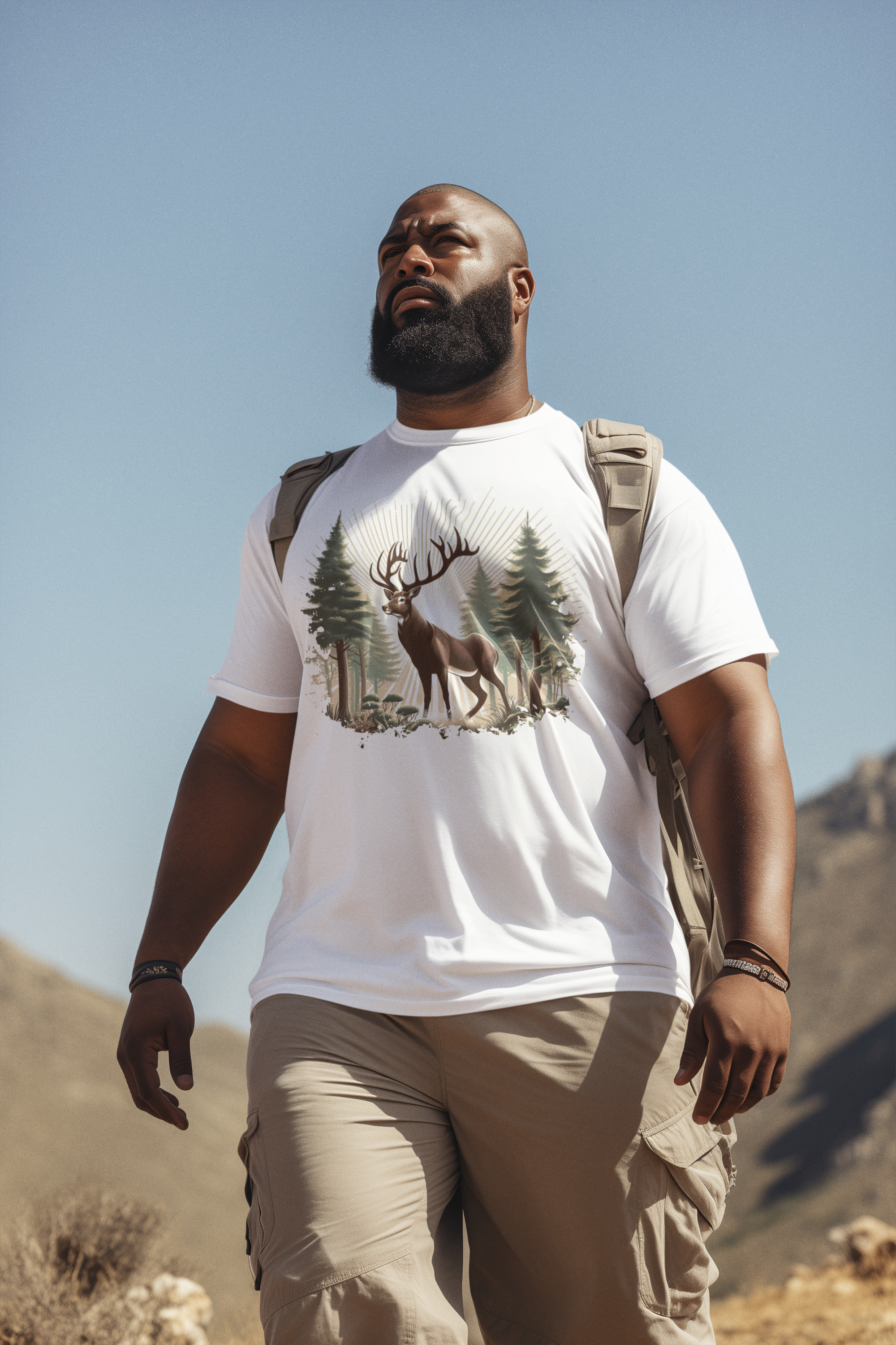 Majestic Deer with Large Antlers | Sunlight Through Foggy Forest Graphic T-Shirt