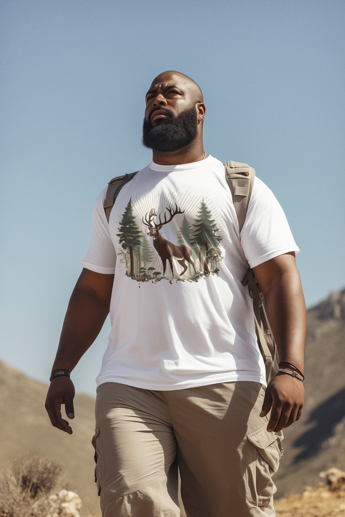 Majestic Deer with Large Antlers | Sunlight Through Foggy Forest Graphic T-Shirt