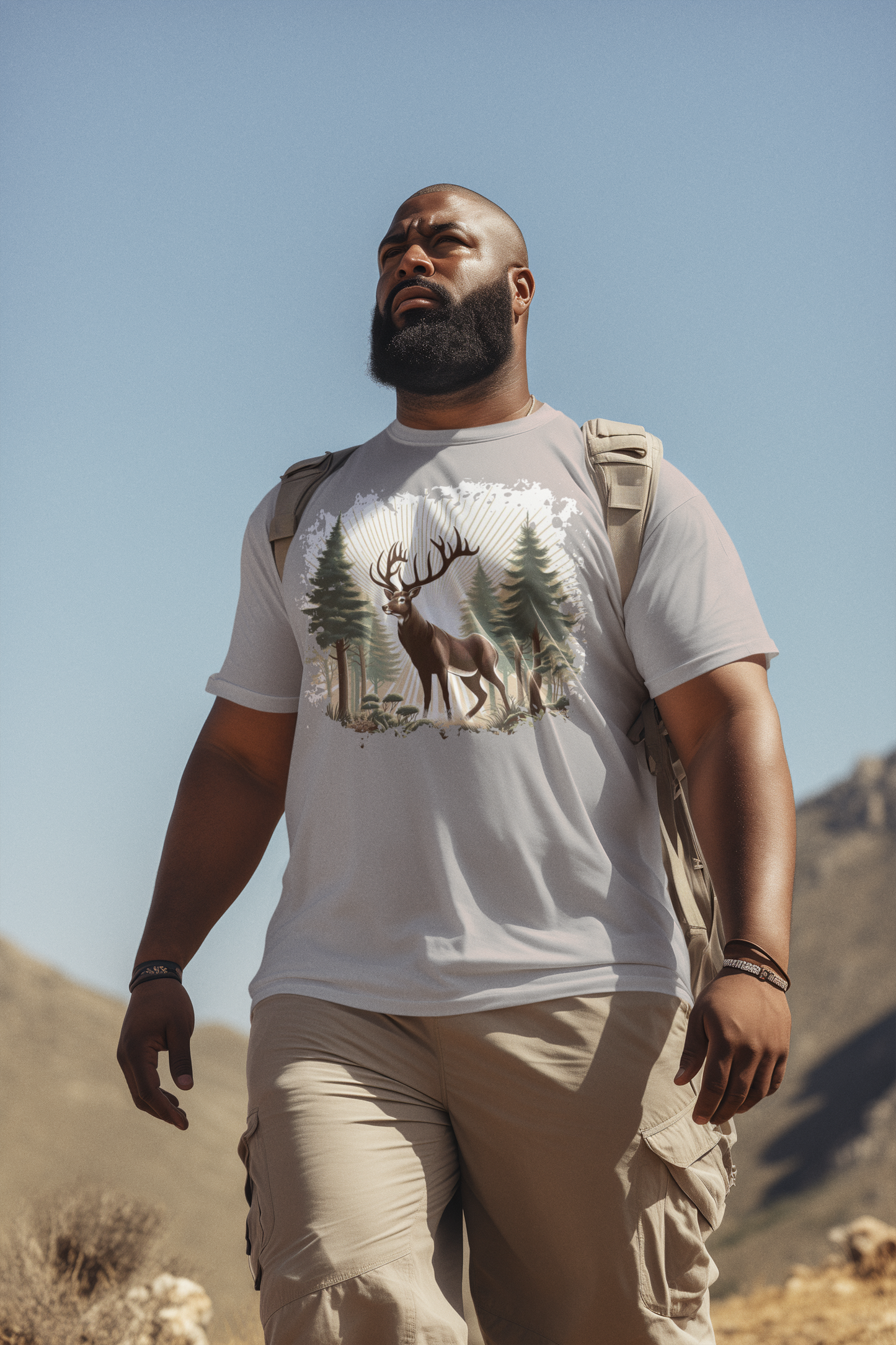 Majestic Deer with Large Antlers | Sunlight Through Foggy Forest Graphic T-Shirt